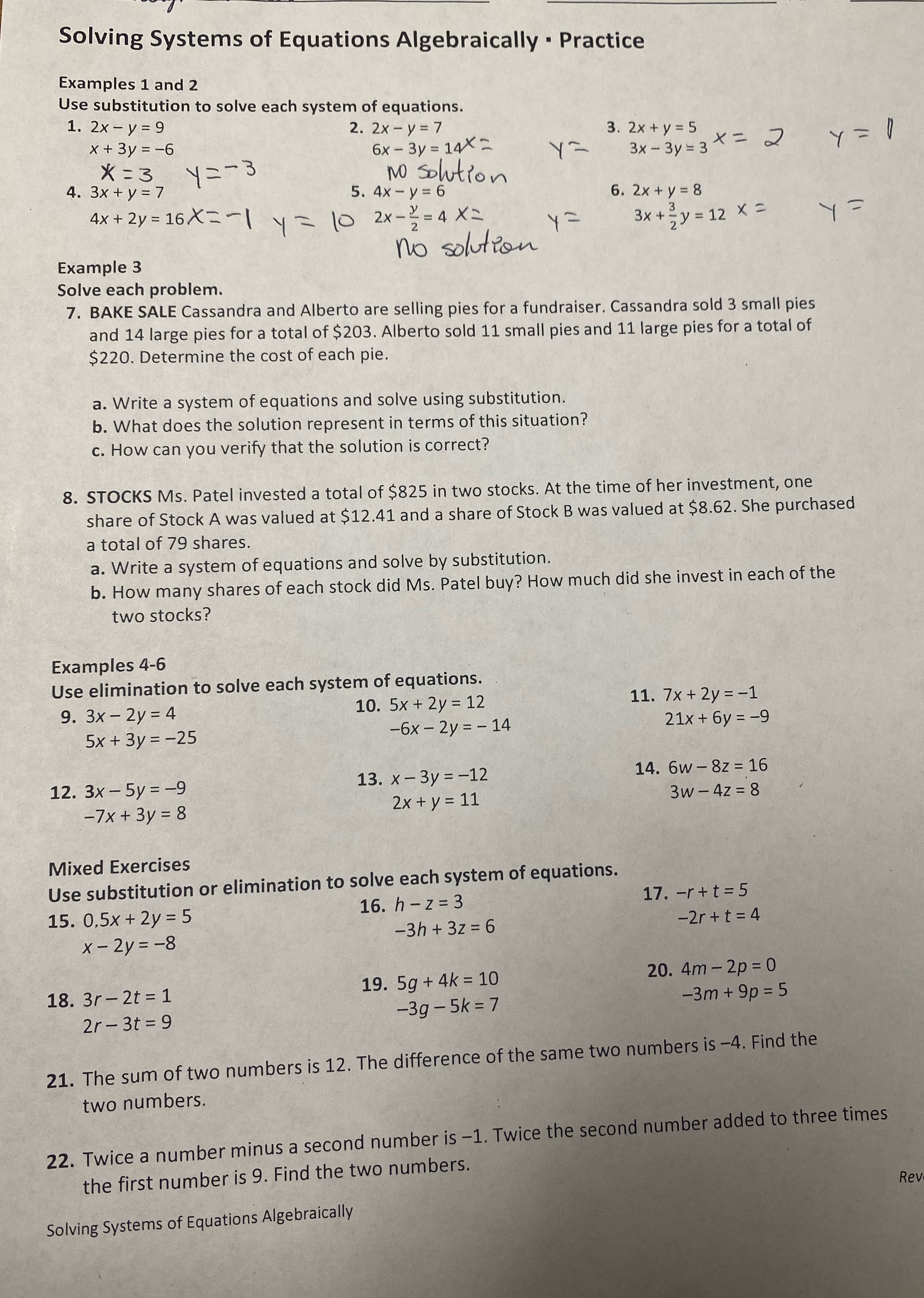  Solving Systems of Equations Algebraically . Practice Examples 1 and 2