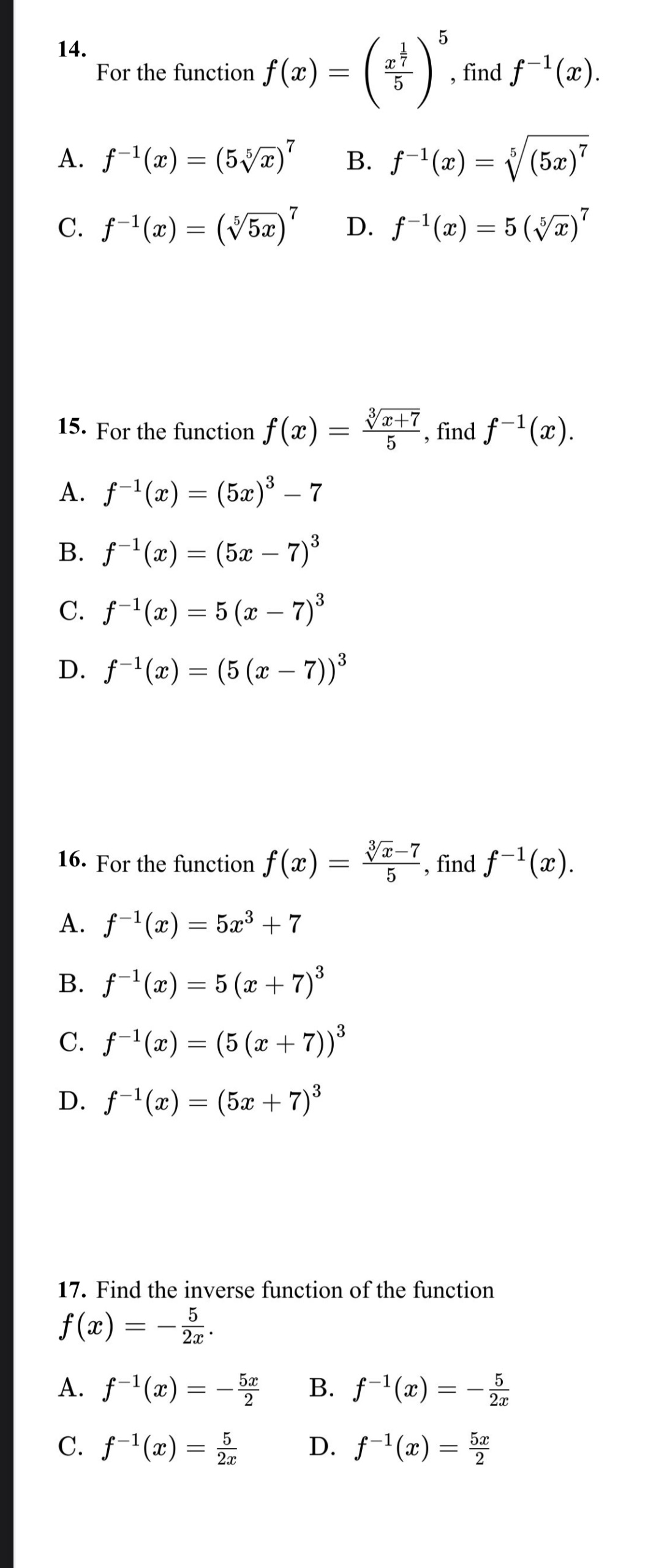  5 14. For the function f (a) = , find f-(ac).