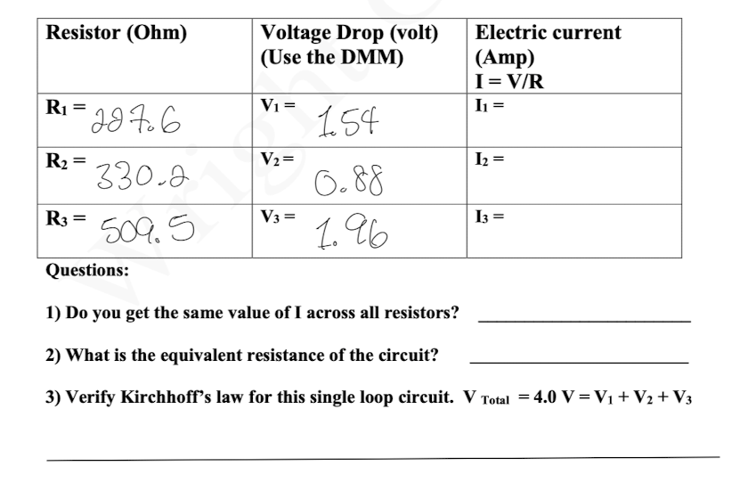 Resistor (Ohm) Voltage Drop (volt) Electric current (Use the DMM) (Amp)