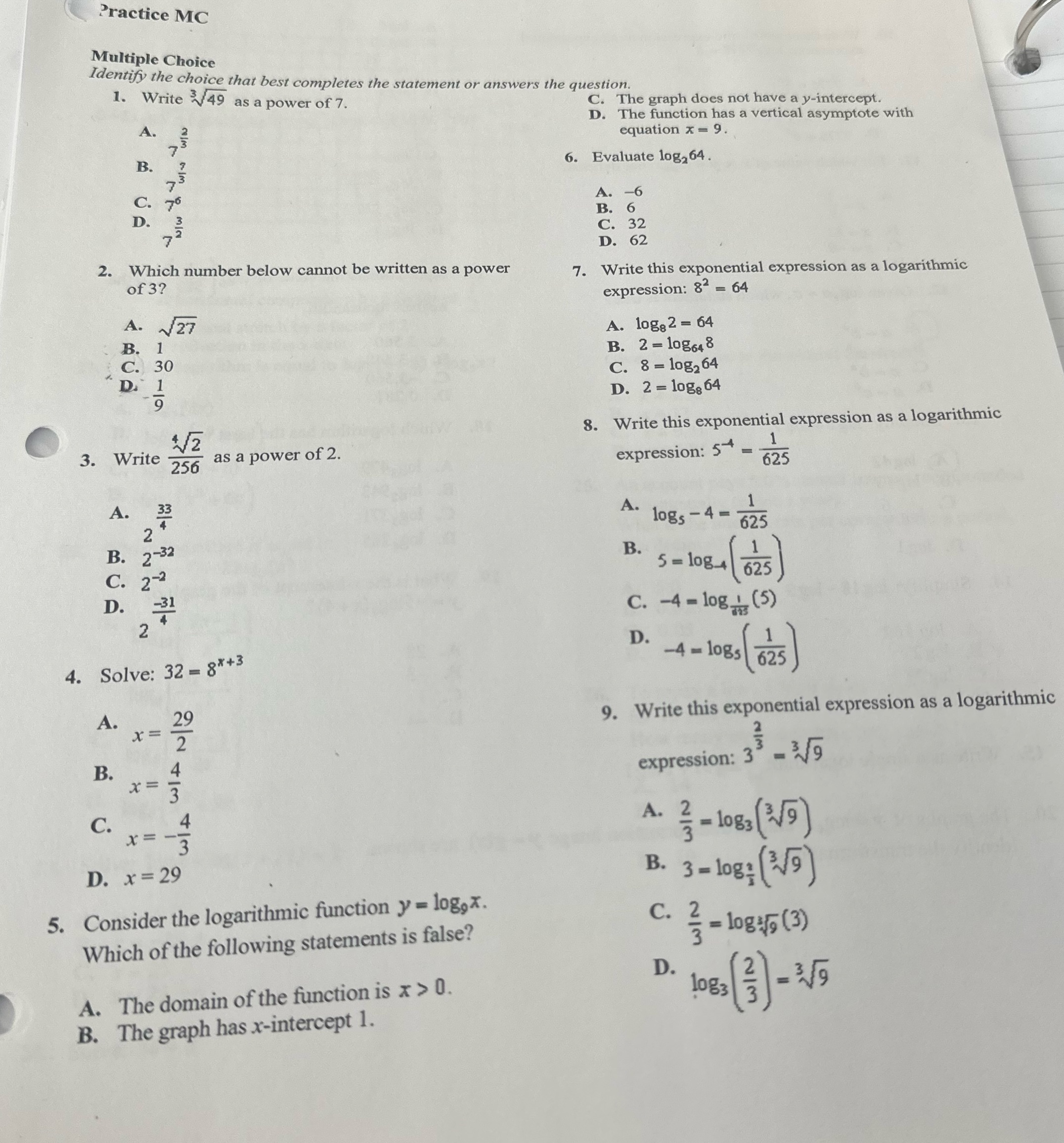  Practice MC Multiple Choice Identify the choice that best completes the