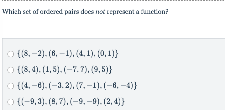  Which set of ordered pairs does not represent a function? Of(8,