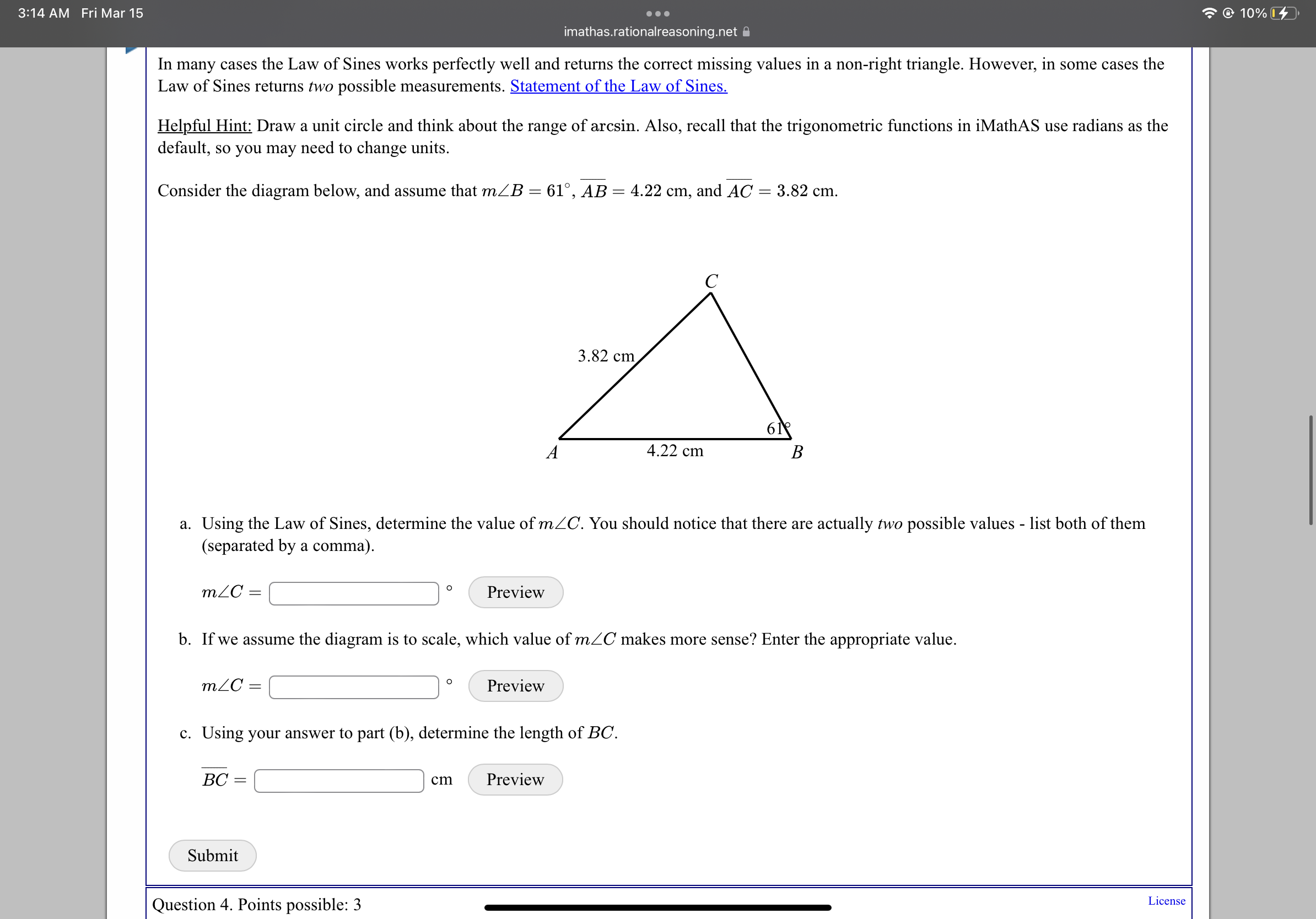 Use the Law of Cosines to determine the value of z (the