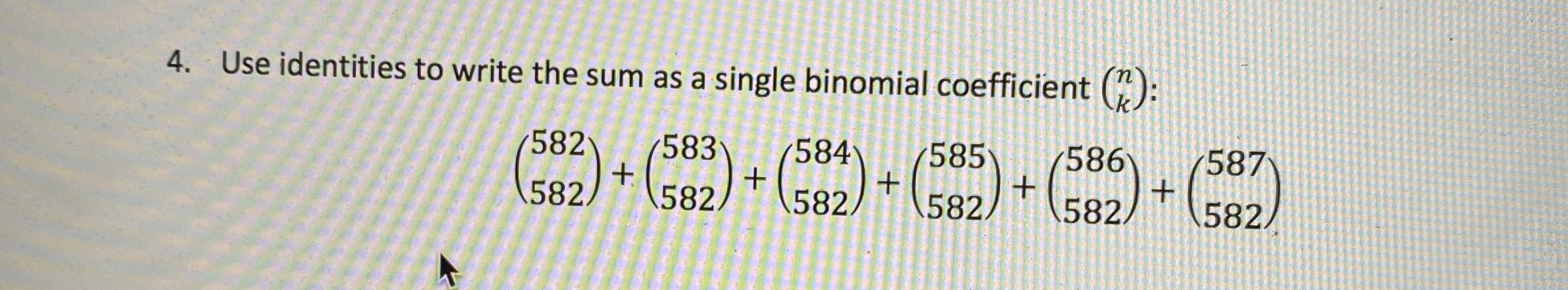 Use identities to write the sum as as single binomial coefficient \f