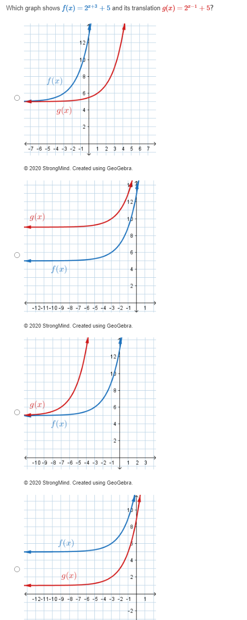 2020 StrongMind. Created using GeoGebra. 10 18- 6 O g(x) f() 2