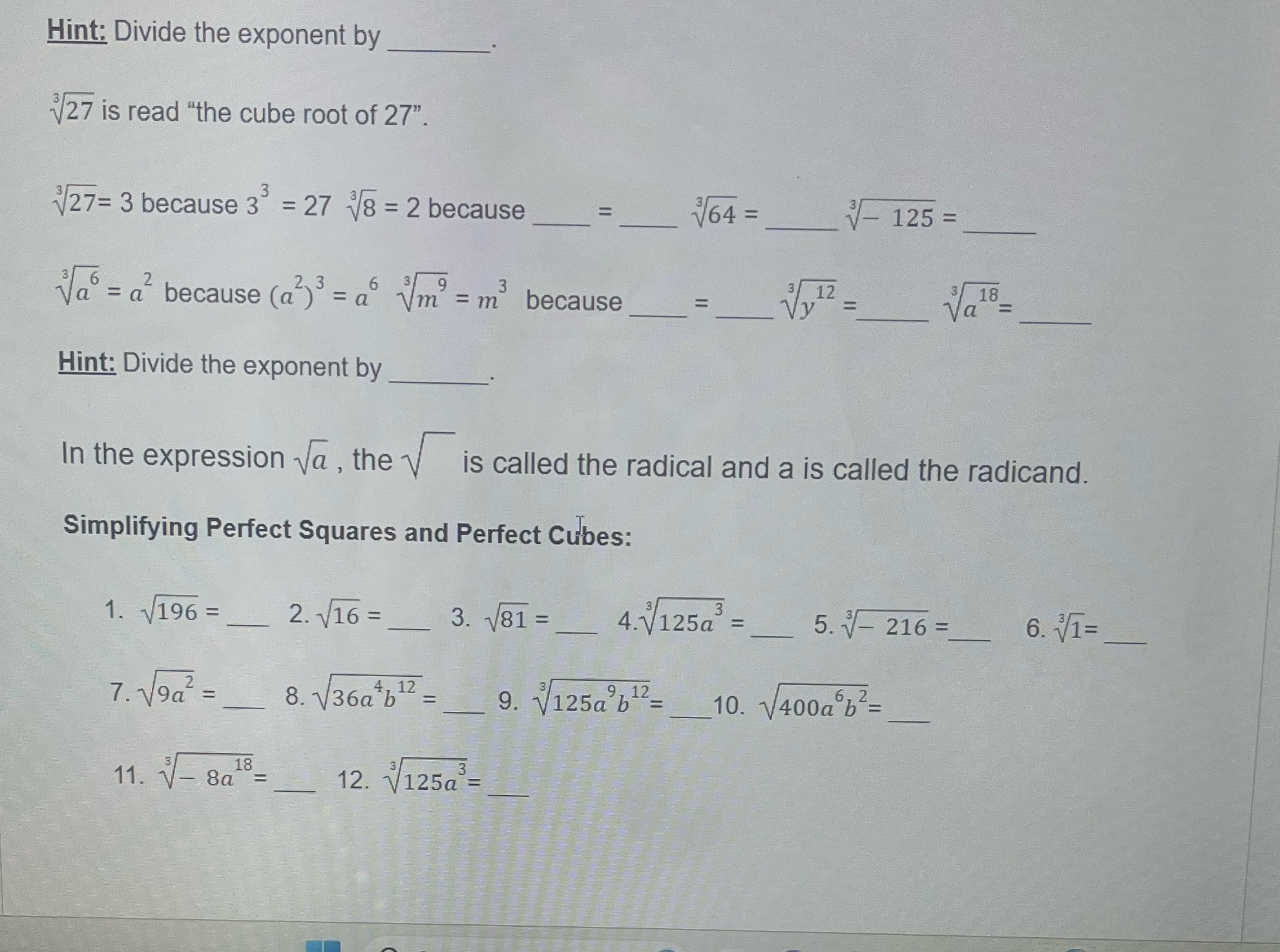 Explain pleaseeee Hint: Divide the exponent by 27 is read "the cube