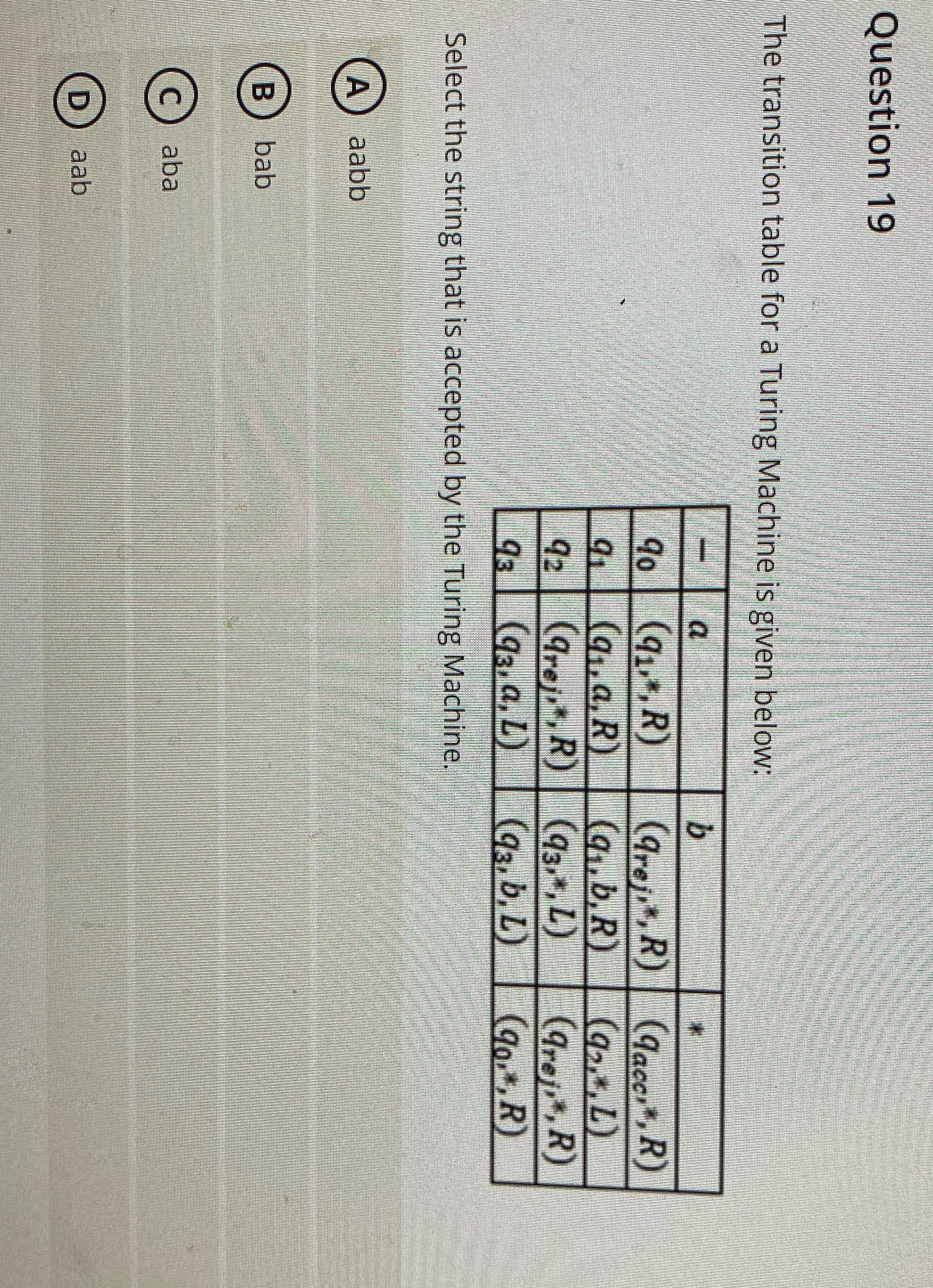 Answer and Explain Question 19 The transition table for a Turing Machine