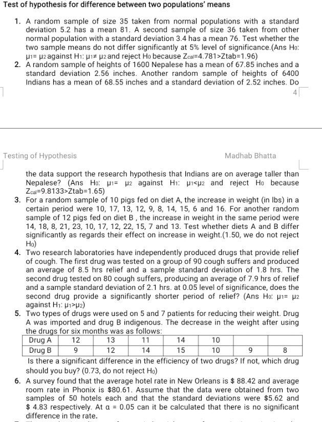 hypothesis Test of hypothesis for difference between two populations' means 1. A