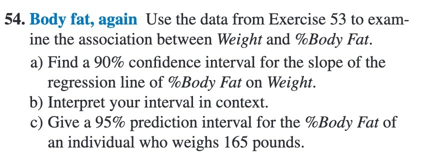 54. Body fat, again Use the data from Exercise 53 to