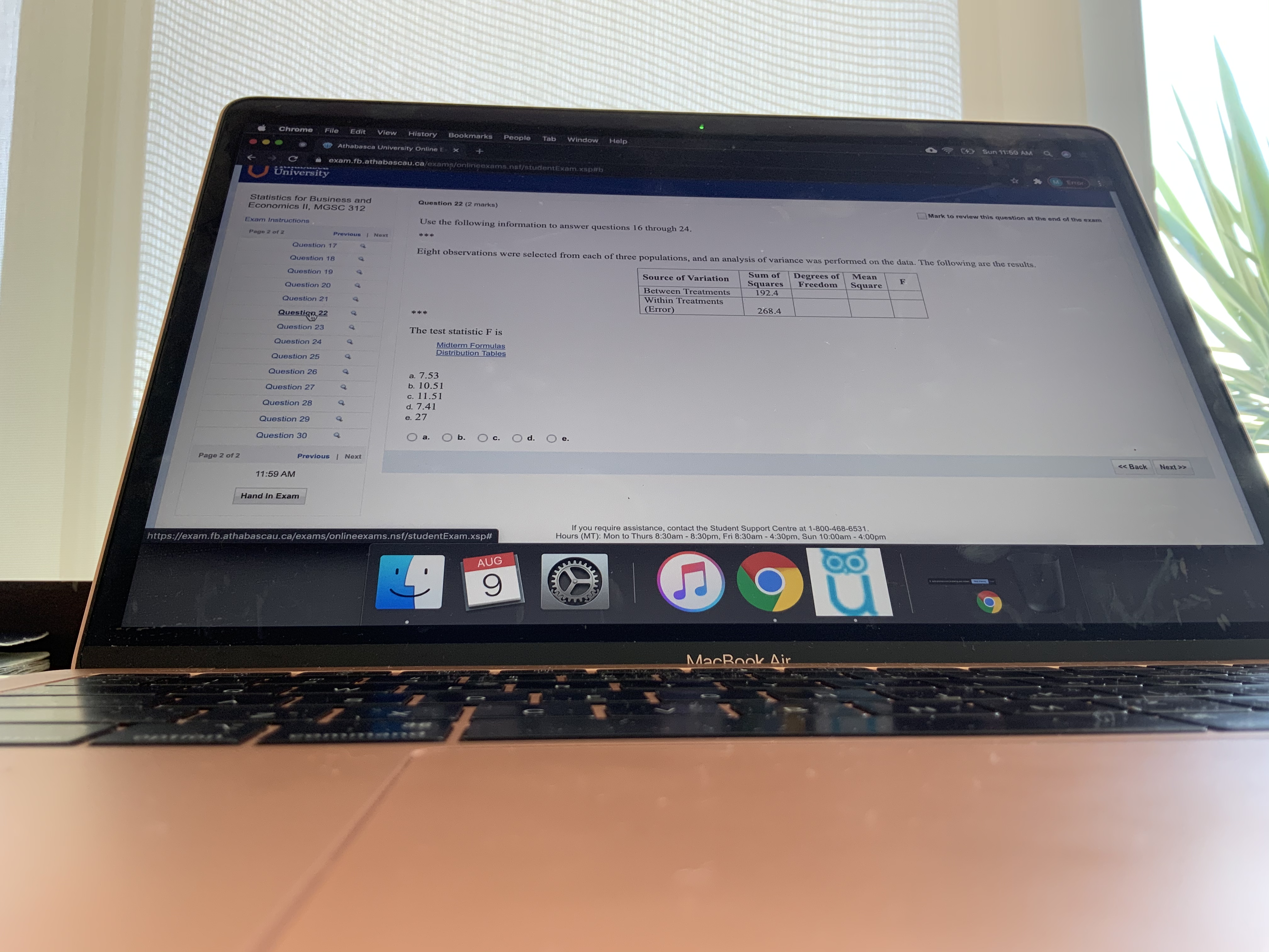 4 Sun 11:50 AM Q C a exam.fb.athabascau.ca/exams/onlineexams.net/student University Statistics for Business