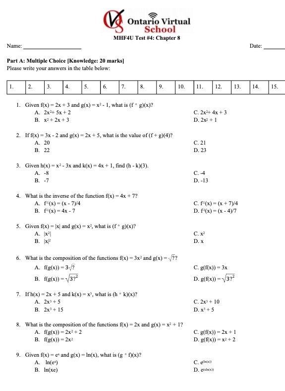 Ontario Virtual School MHF4U Test #4: Chapter 8 Name: Date: Part