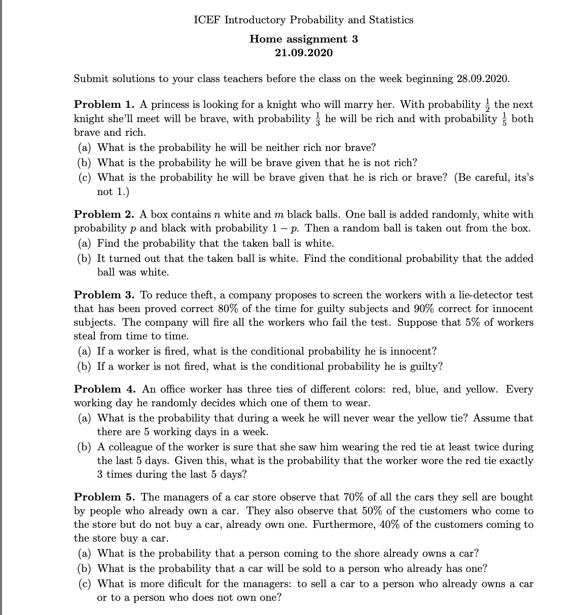 Probability ICEF Introductory Probability and Statistics Home assignment 3 21. 09. 2020