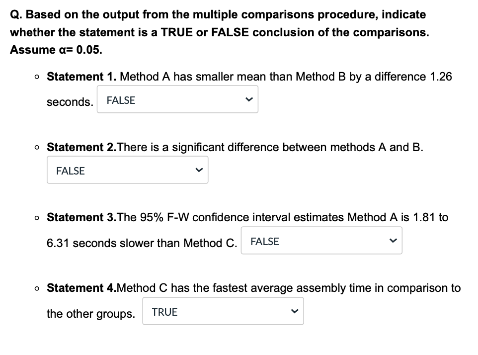 the output to answer the following questions. Comparison of Methods for Assembly