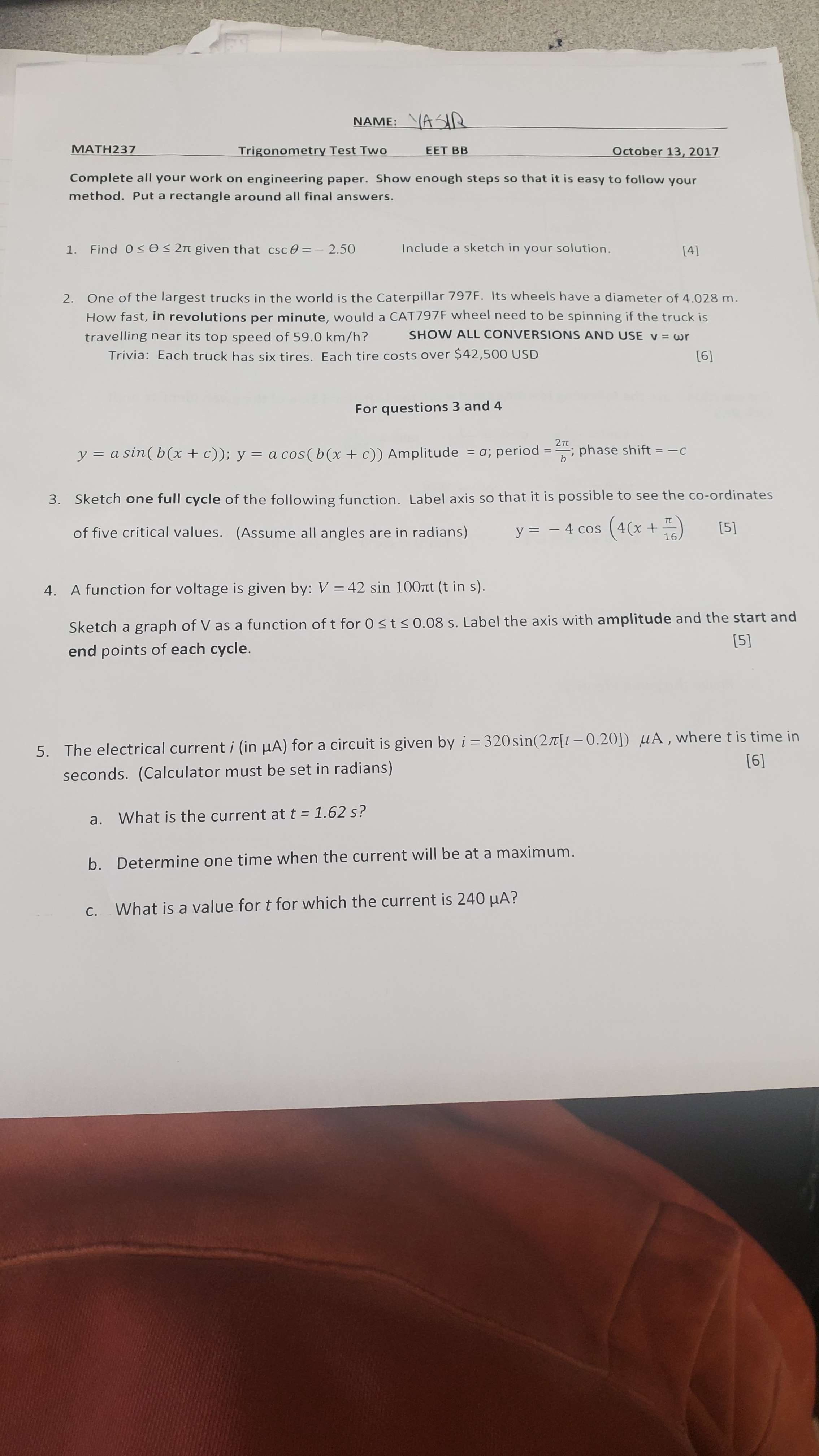  MATH237 NAME: (A EET BB Trigonometry Test Two October 13, 2017