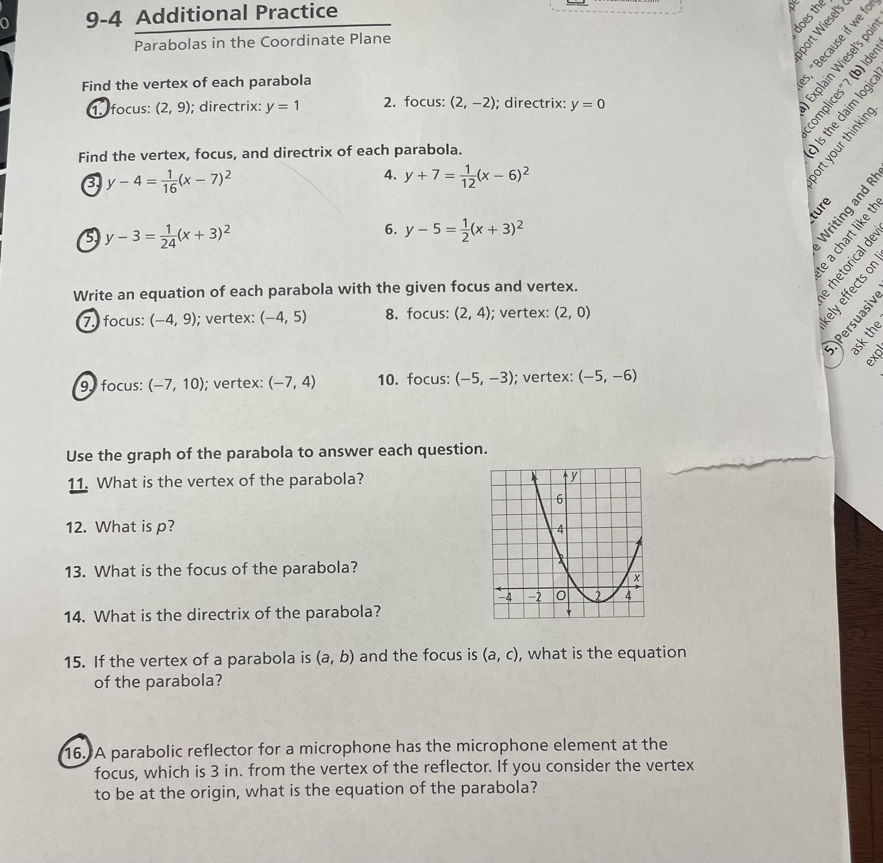 A '_-' Ill 9-4 Additional Practice Parabolas in the Coordinate Plane