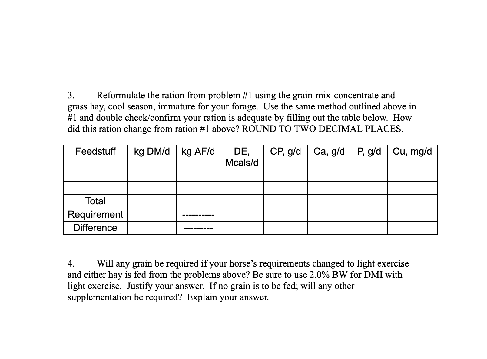 3. Reformulate the ration from problem #1 using the grain-mix-concentrate and