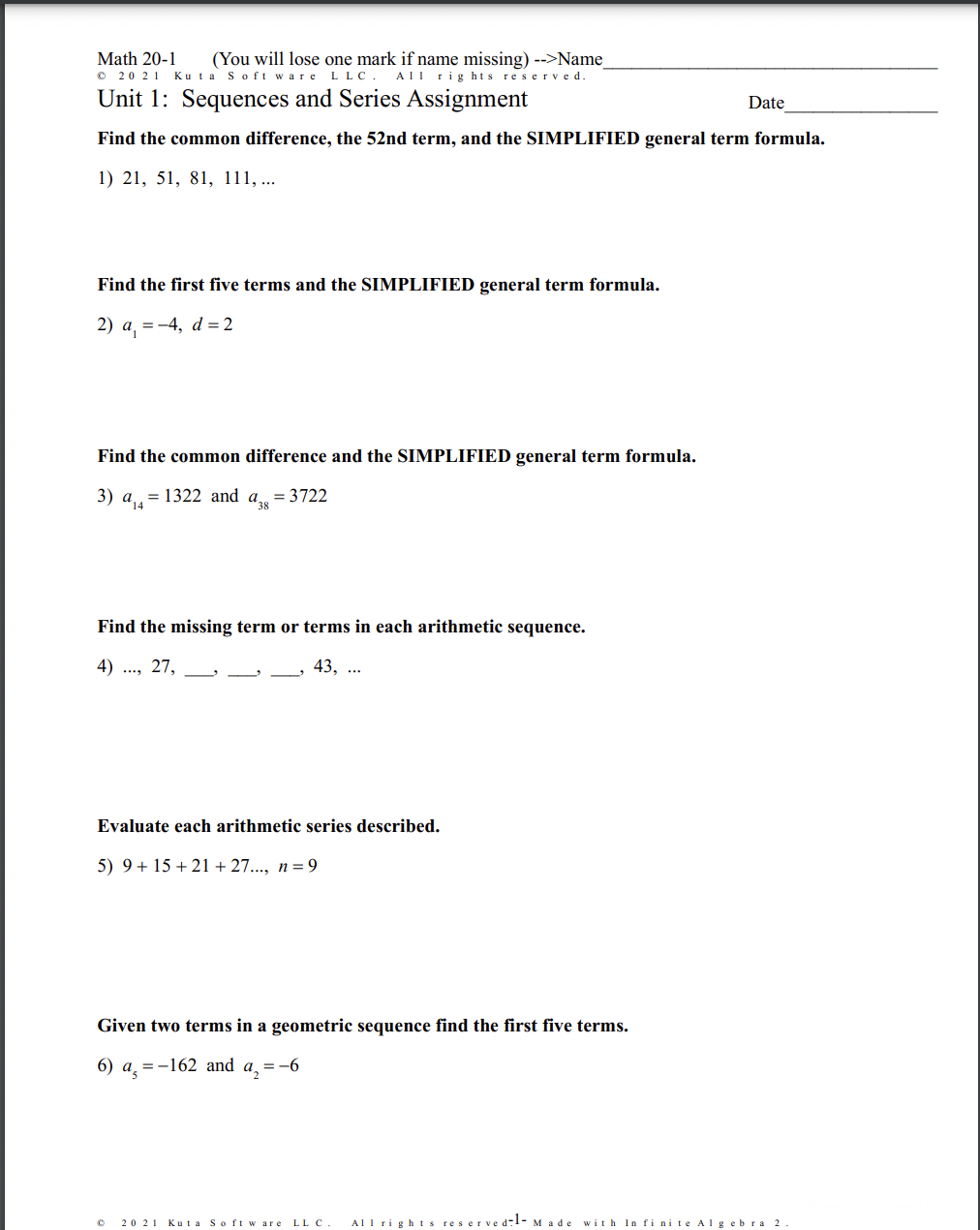  Math 20-1 (You will lose one mark if name missing) -->Name