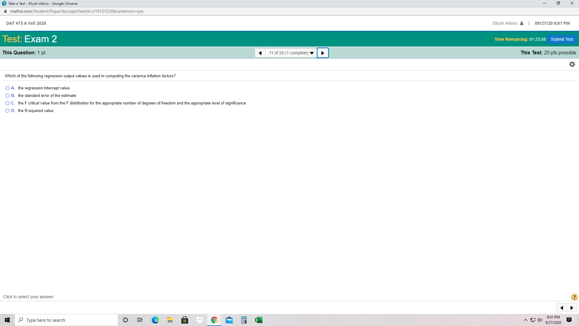 A Fall 2020 Eliyah Atkins & | 09/27/20 8:01 PM Test: Exam
