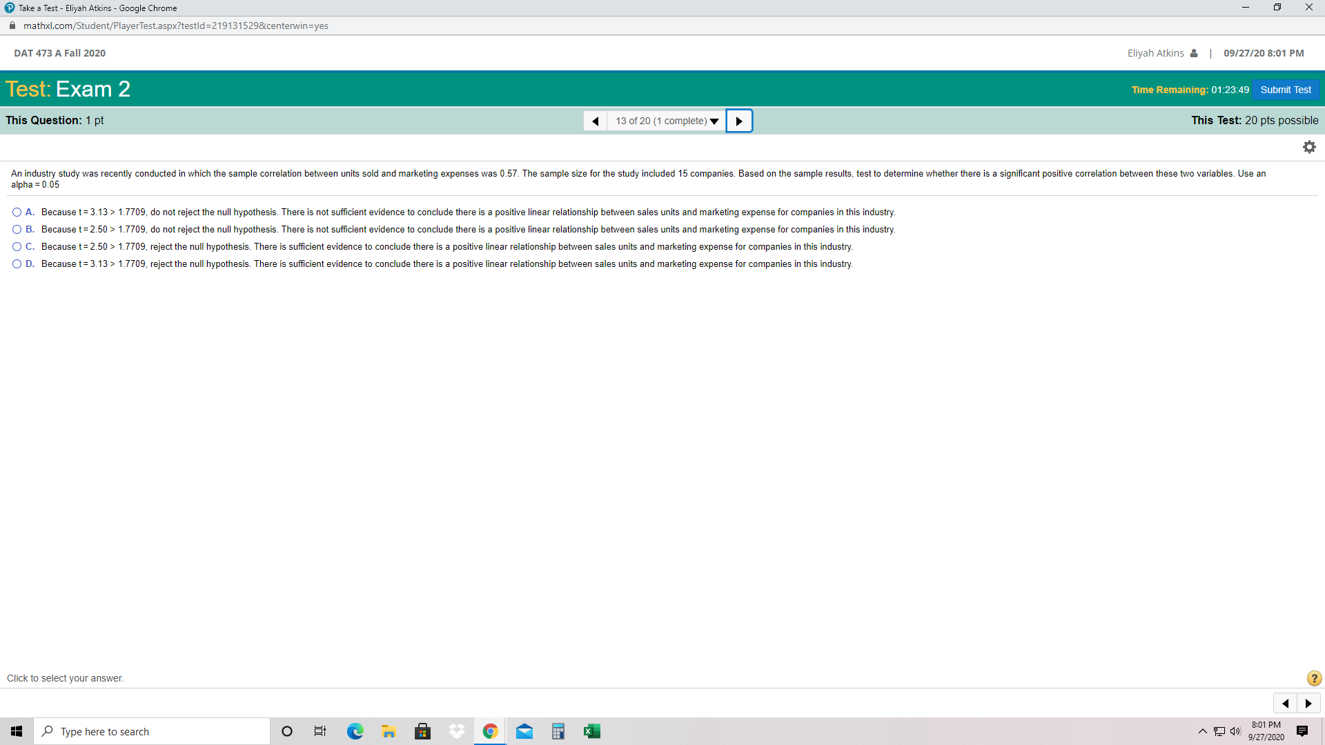 of 20 (1 complete) This Test: 20 pts possible A regression equation