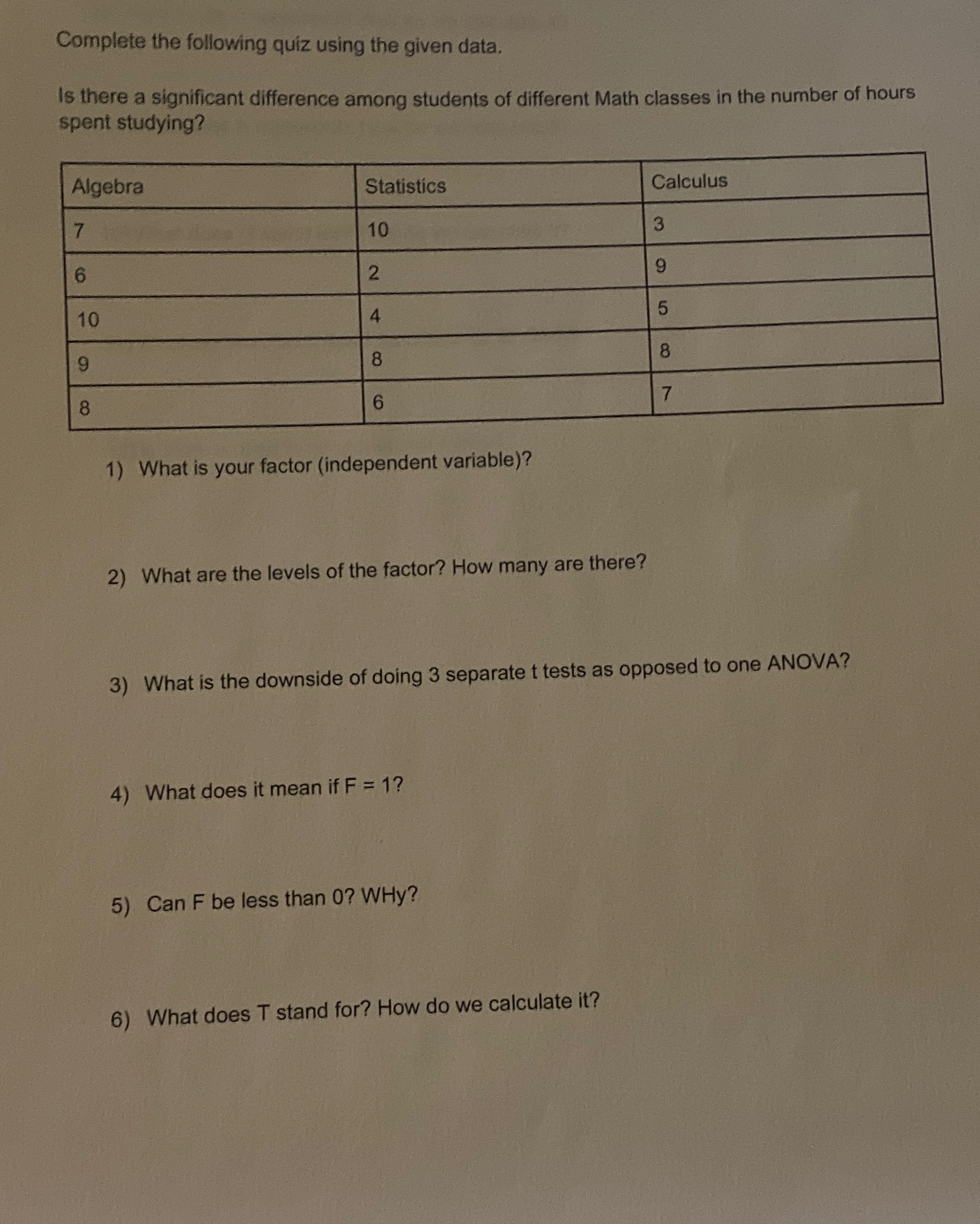 ASP Complete the following quiz using the given data, Is there a