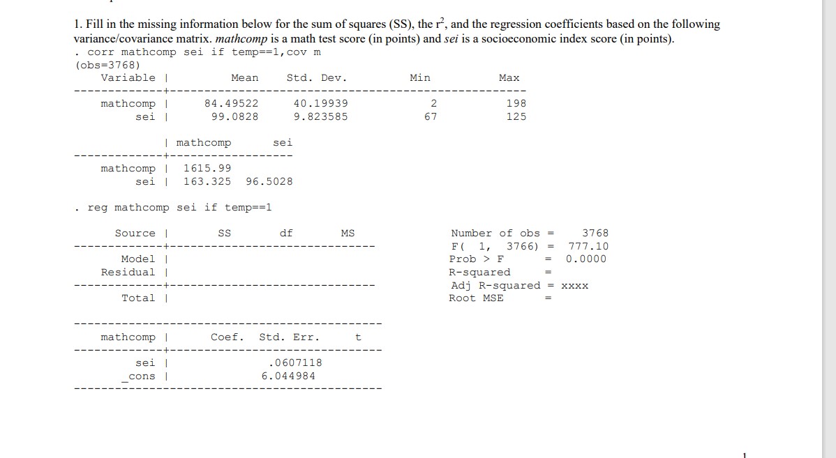 from the output below 2. Interpret the coefficient for SEI.3. Interpret the