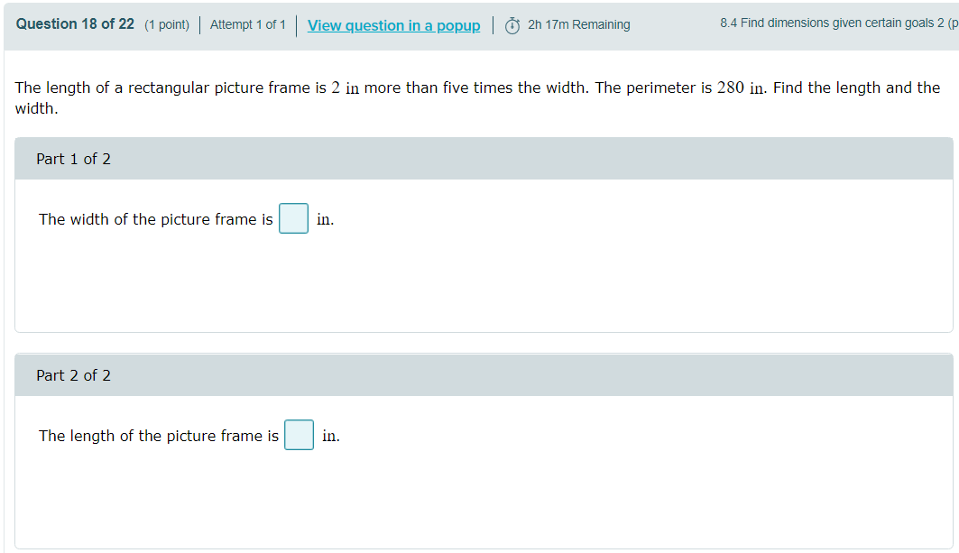 see image please The length of a rectangular picture frame is 2