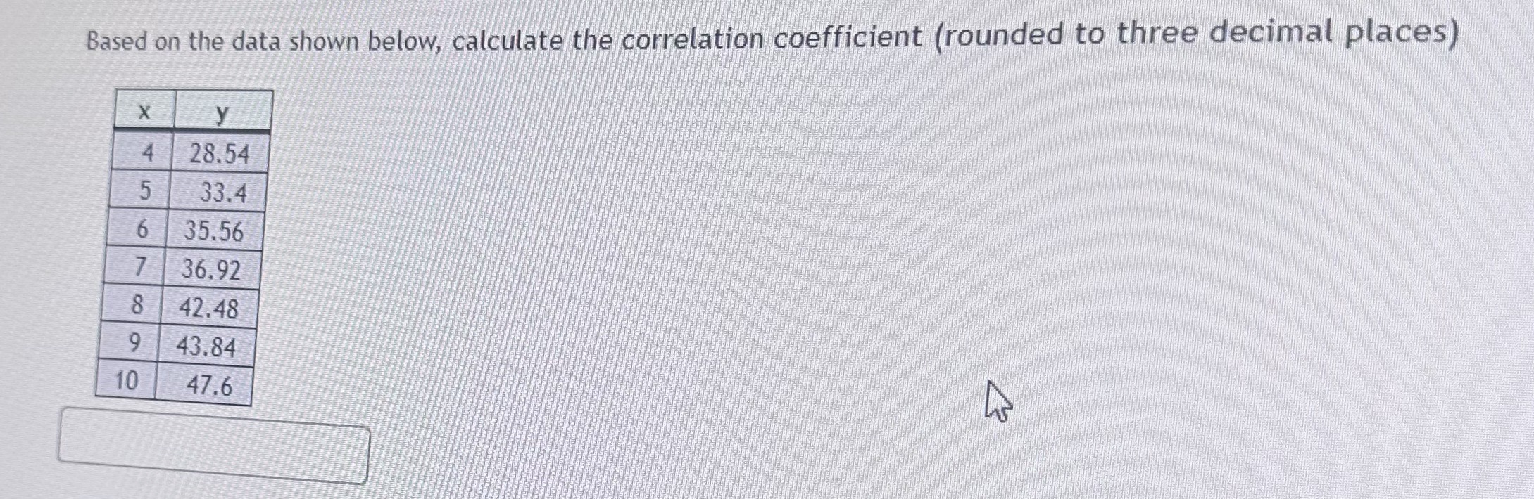 Based on the data shown below, calculate the correlation coefficient (rounded