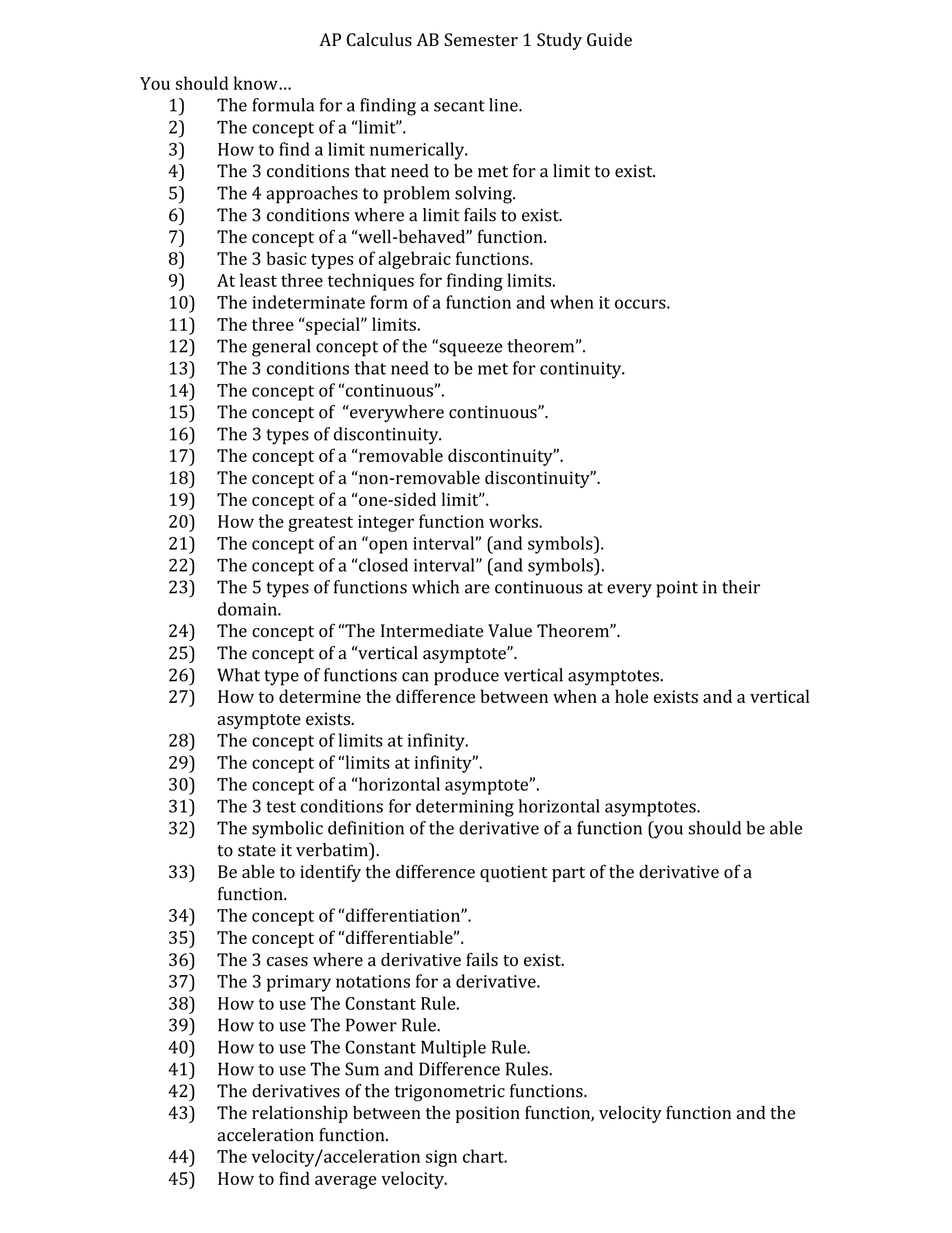 Question: AP Calculus AB Semester 1 Study Guide You should know... 1]