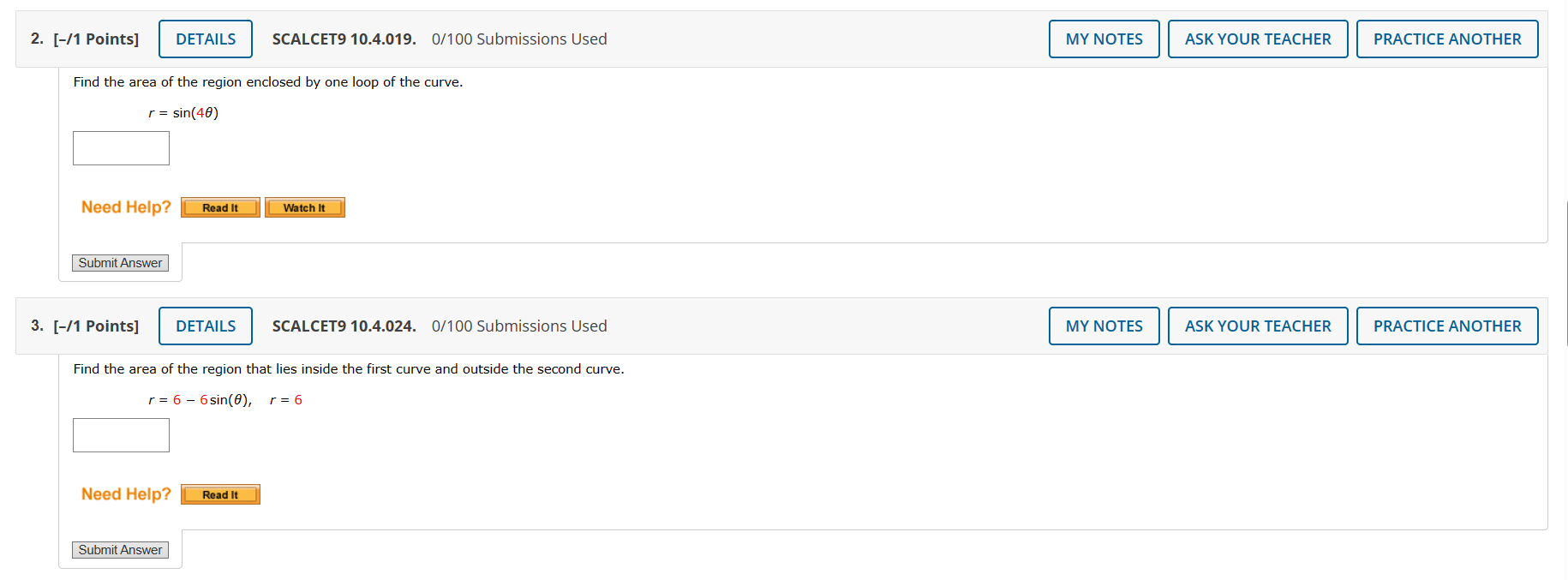 1. [-/1 Points] DETAILS SCALCET9 10.4.007. 0/100 Submissions Used MY NOTES ASK