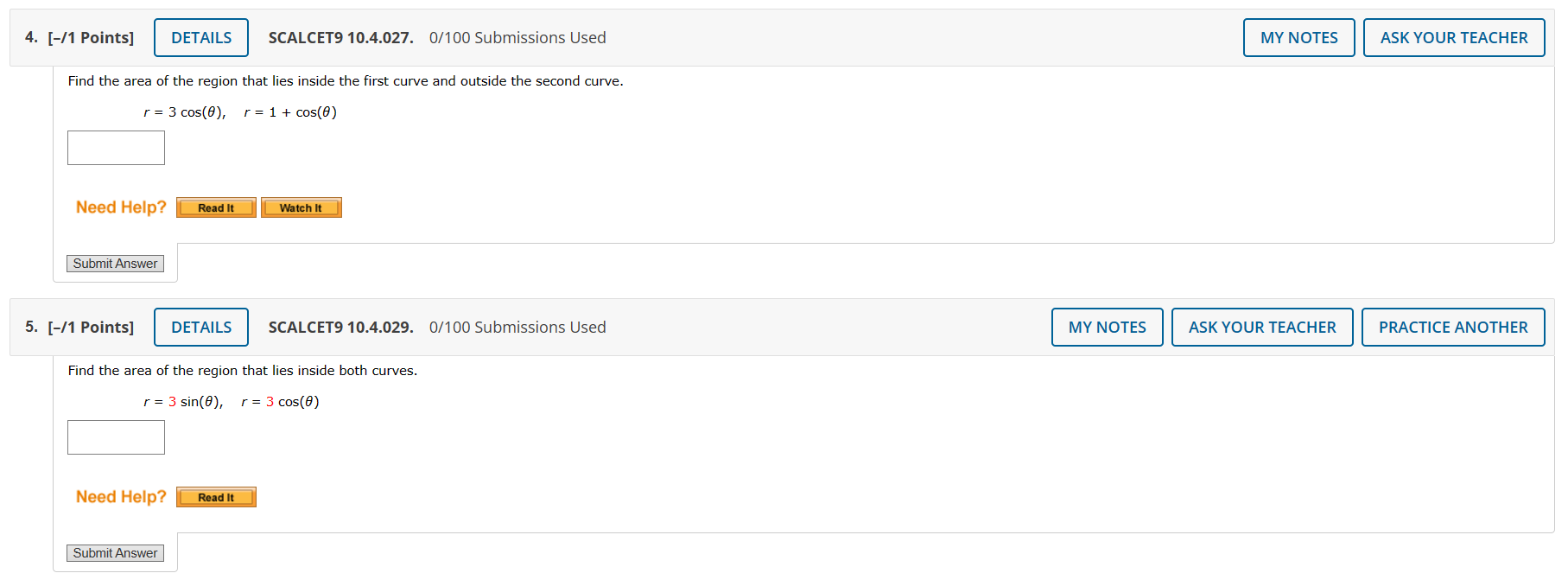 YOUR TEACHER Find the area of the shaded region. r = 4