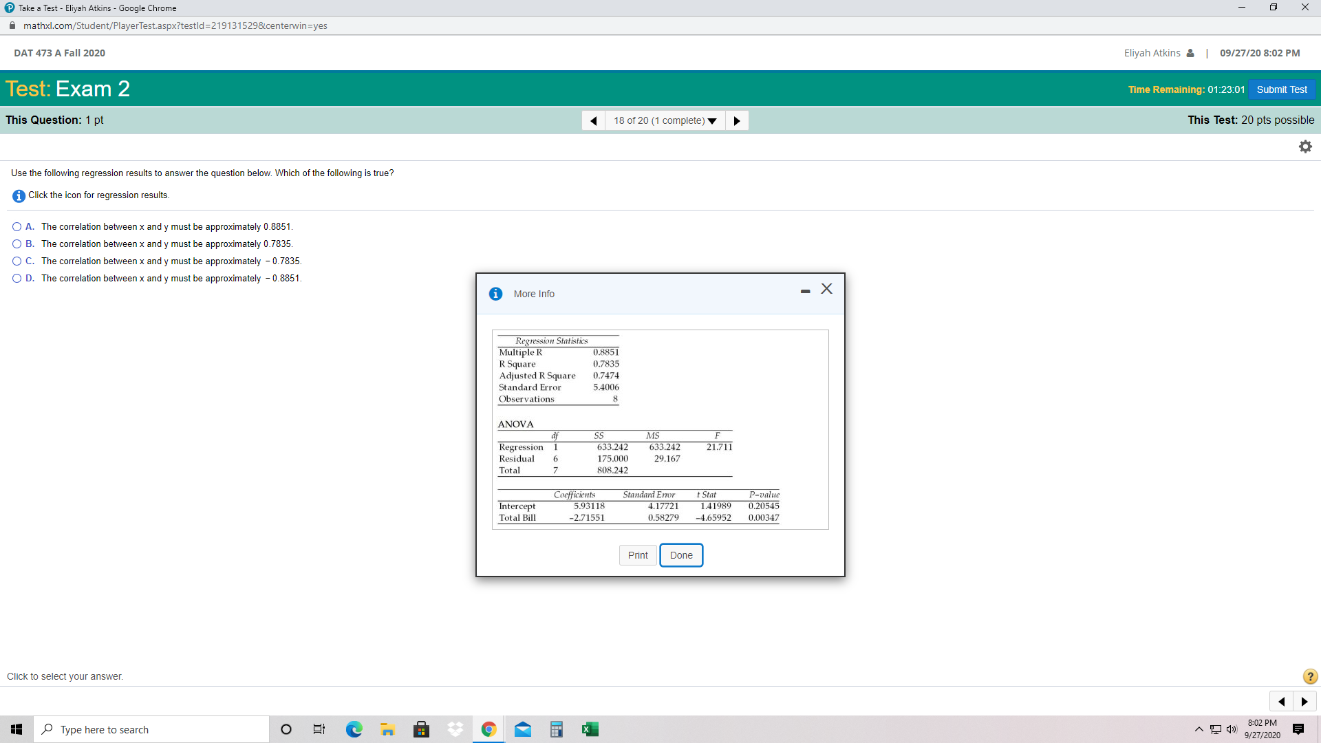 A Fall 2020 Eliyah Atkins & | 09/27/20 8:02 PM Test: Exam