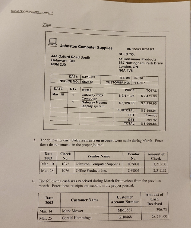 Basic Bookkeeping - Level 1 Steps Johnston Computer Supplies BN 15679