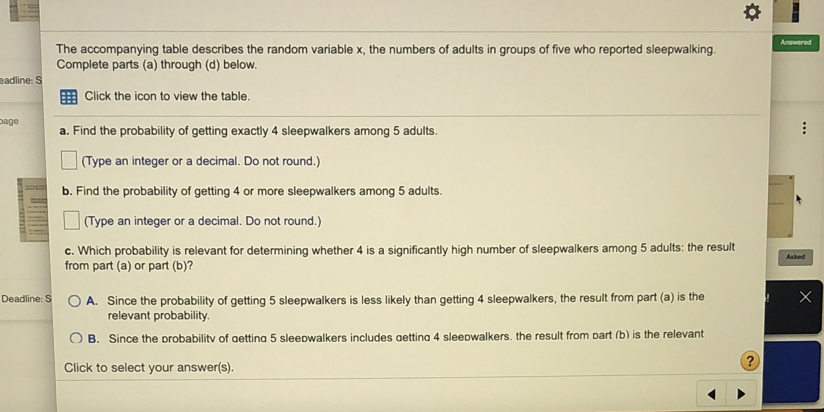 The accompanying table describes the random variable x, the numbers of