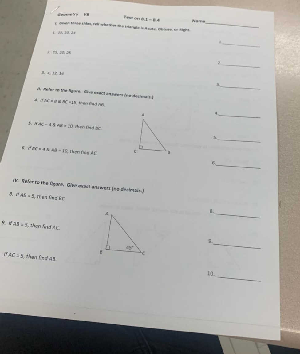  Name Geometry VB Test on 8.1 - 8.4 1. Given three