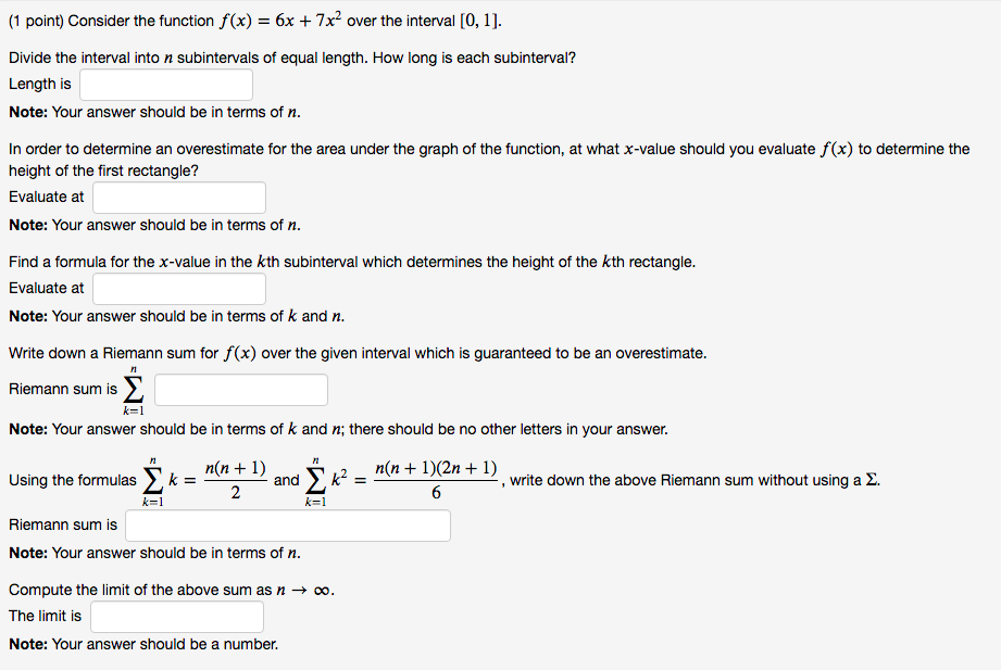 hi! please help: (1 point) Consider the function f(x) = 6x +