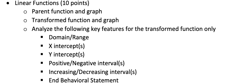  . Linear Functions (10 points) o Parent function and graph o