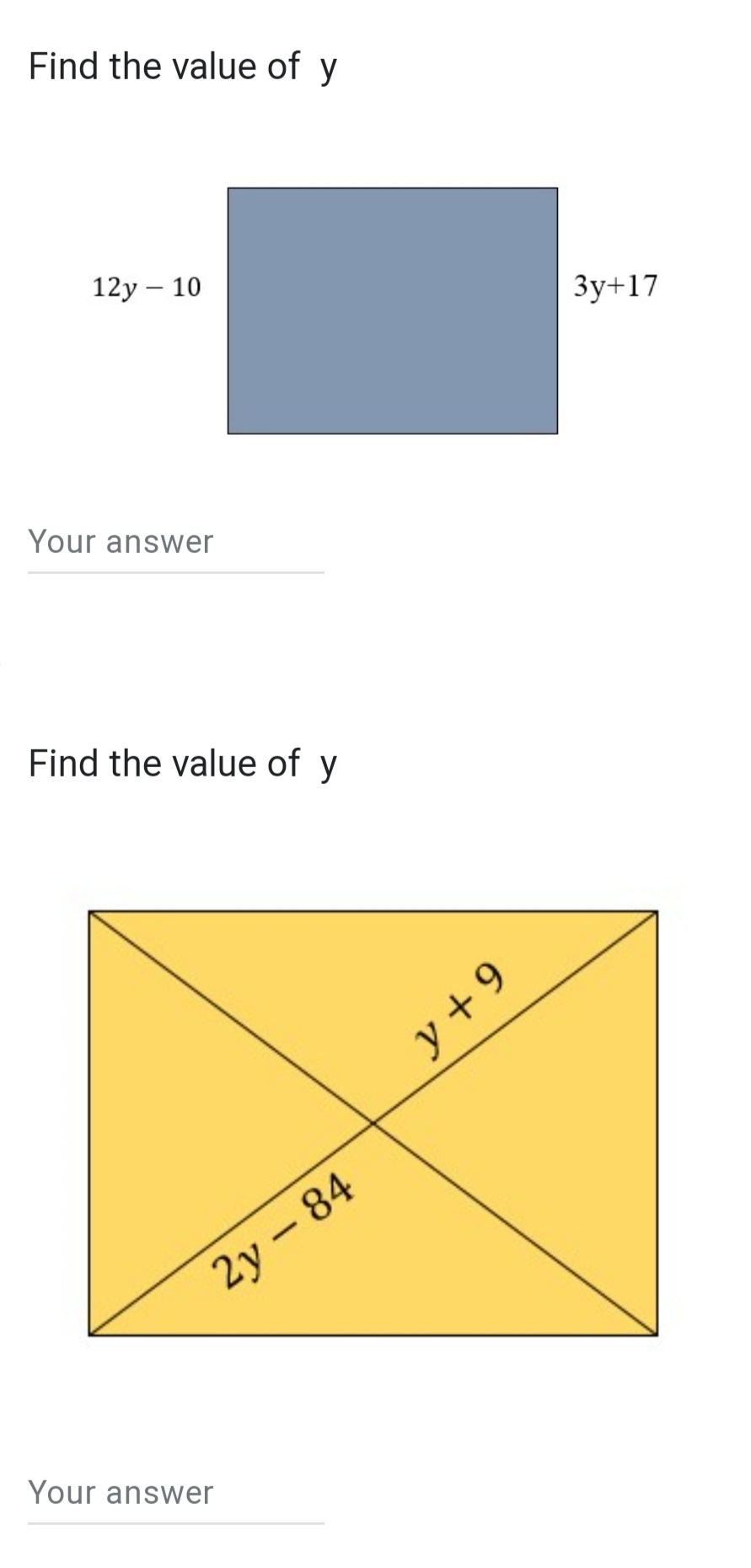 = x+20 Your answer\fFind the value of y Your answer Find the