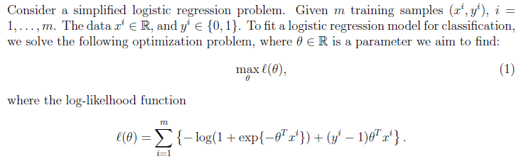 Consider a simplified logistic regression problem. Given m training samples (z,v'),