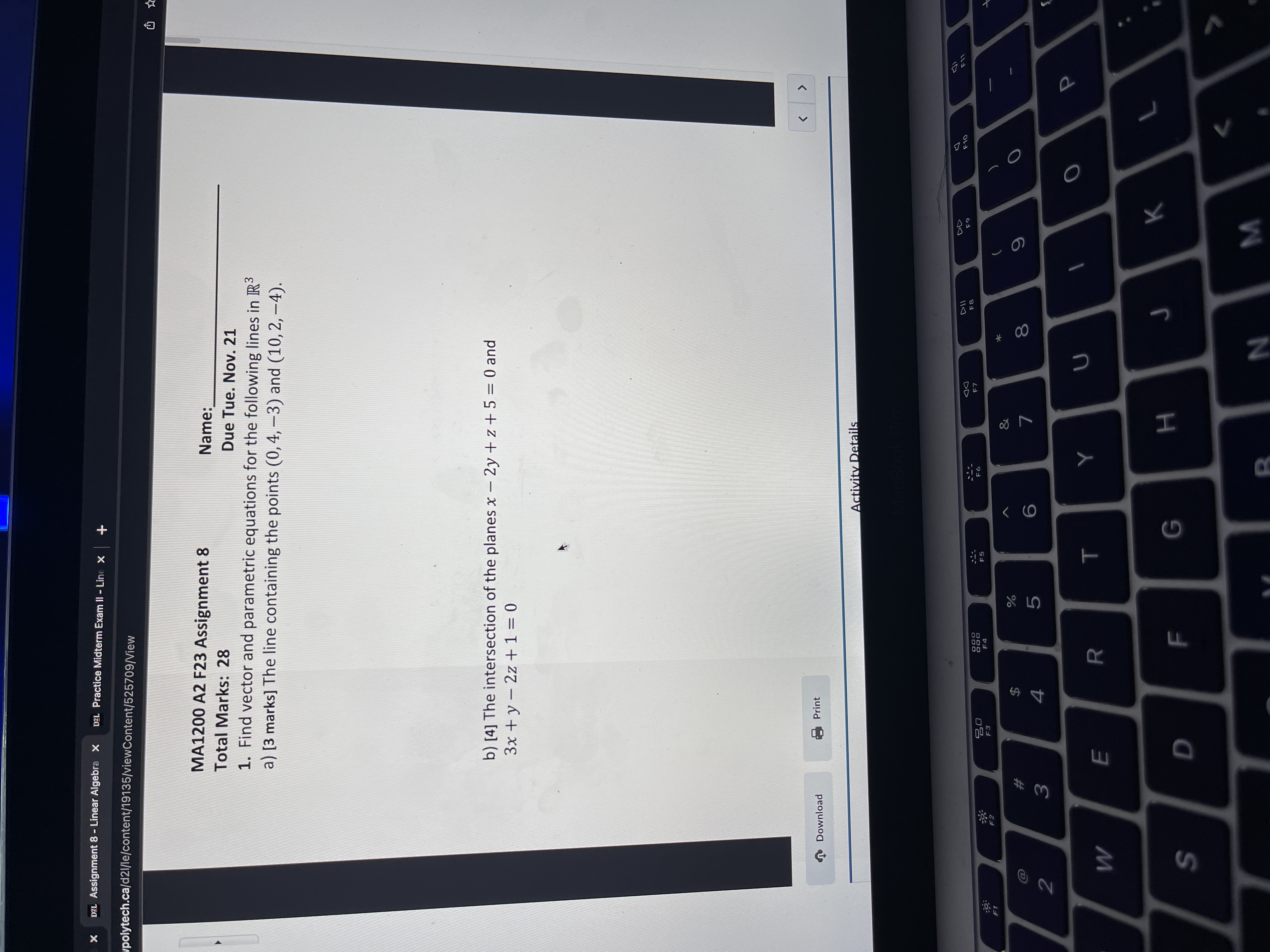  * DZL Assignment 8 - Linear Algebra X D2L Practice Midterm
