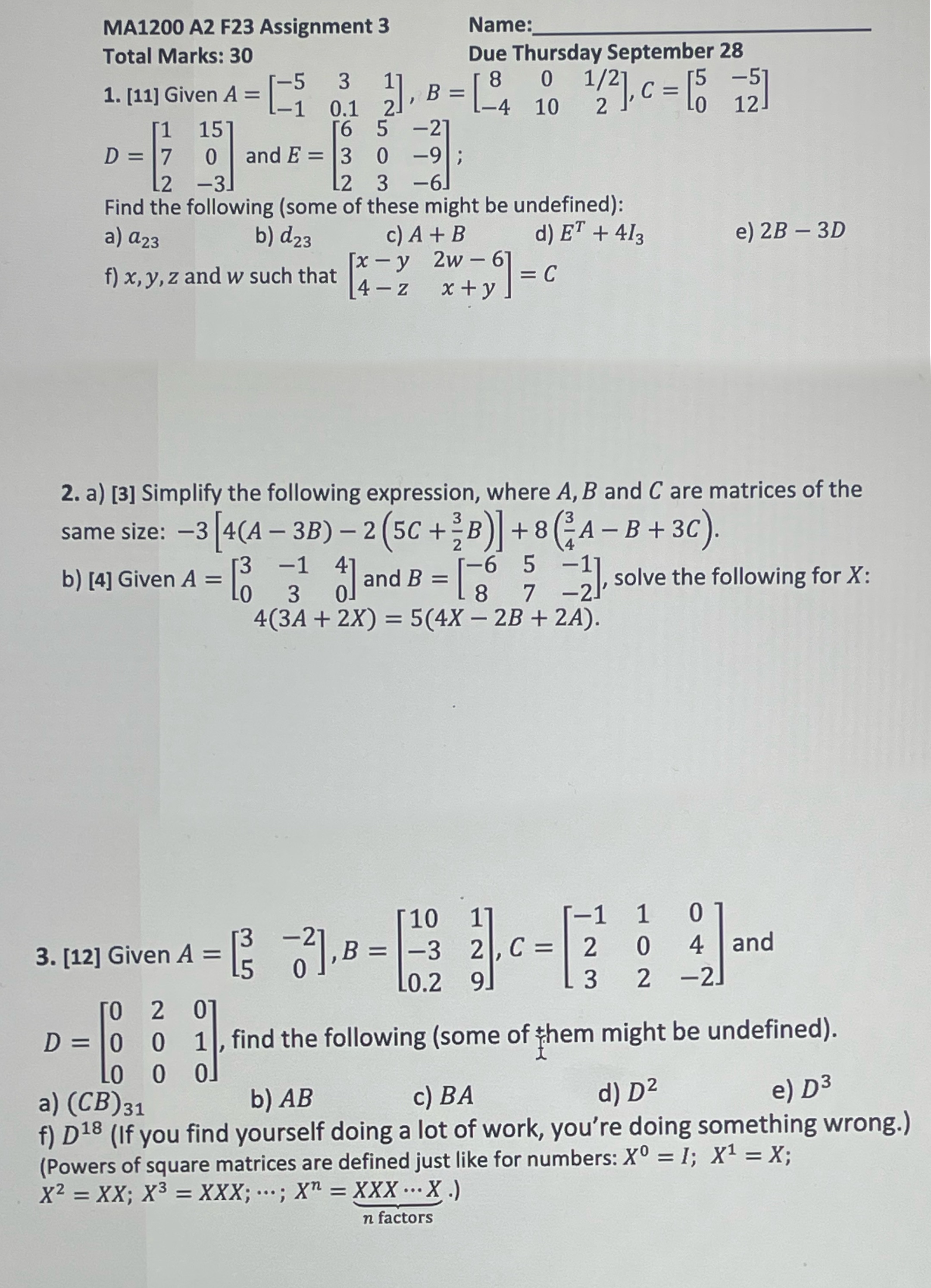 Please help me with this assignment MA1200 A2 F23 Assignment 3 Name: