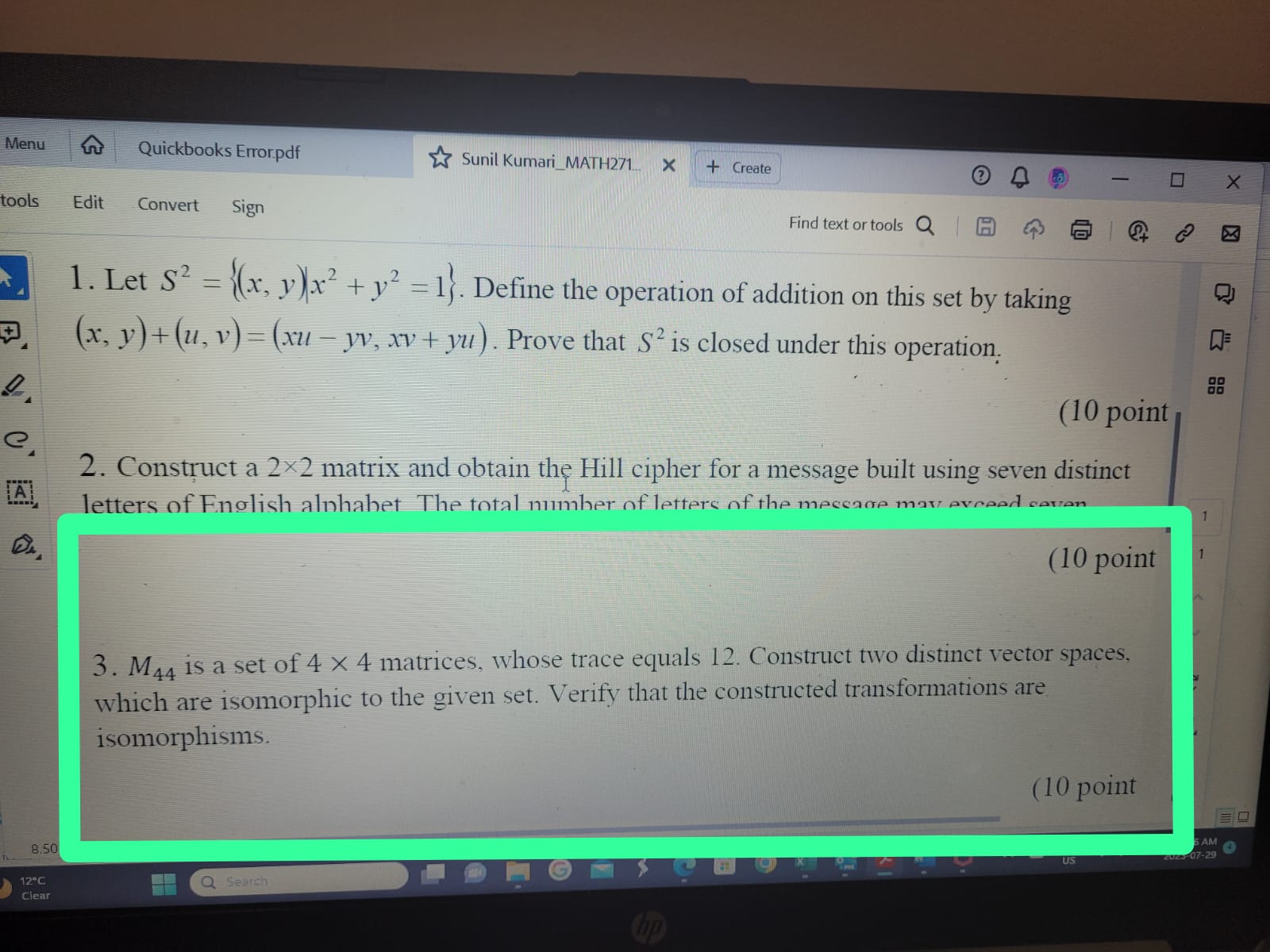  Menu Quickbooks Error.pdf Sunil Kumari_MATH271. X + Create - X tools