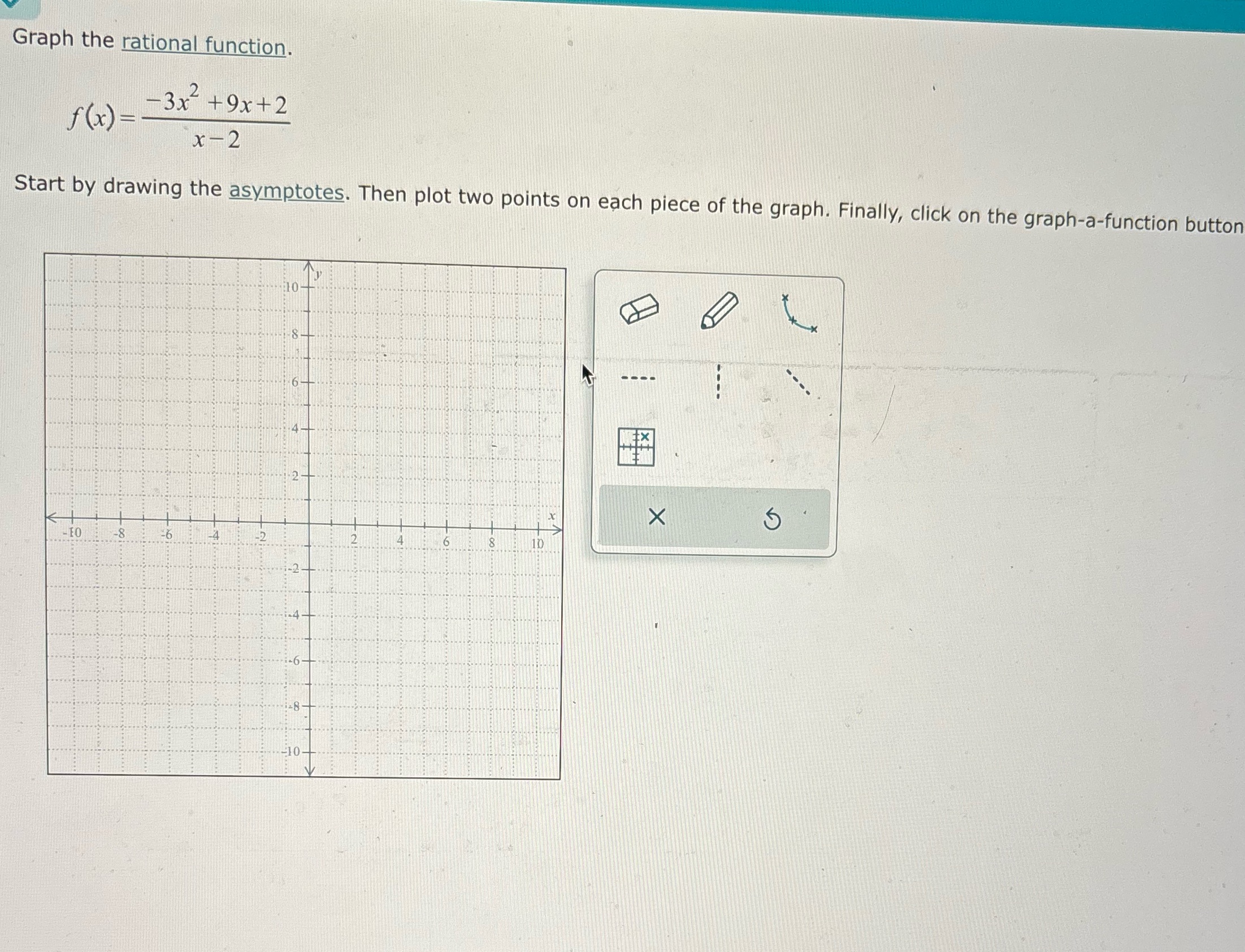 Points 2 on each asymptotes Graph the rational function. f ( x