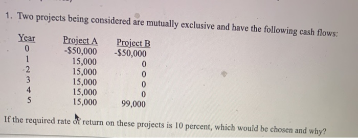  1. Two projects being considered are mutually exclusive and have the