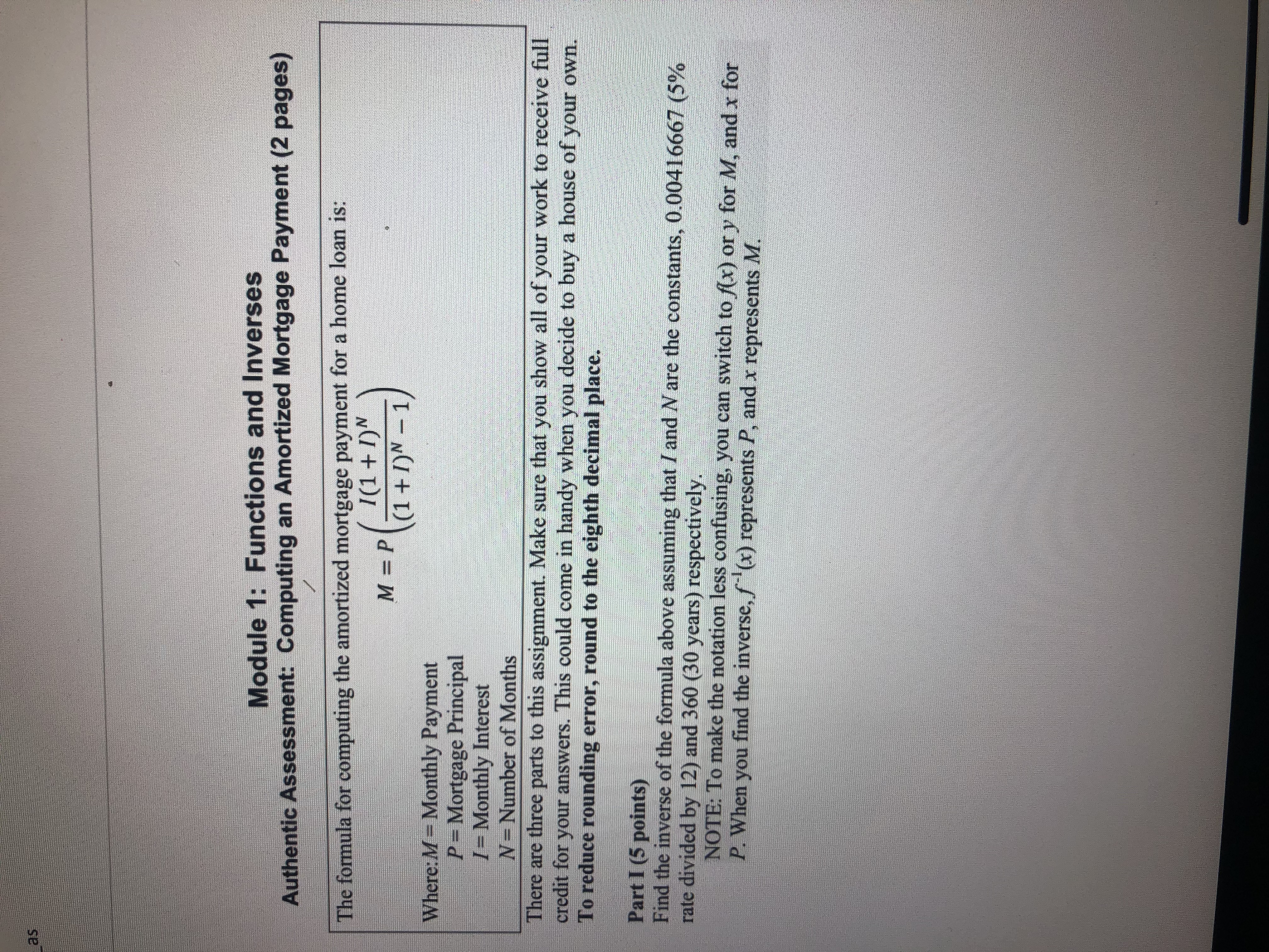  as Module 1: Functions and Inverses Authentic Assessment: Computing an Amortized