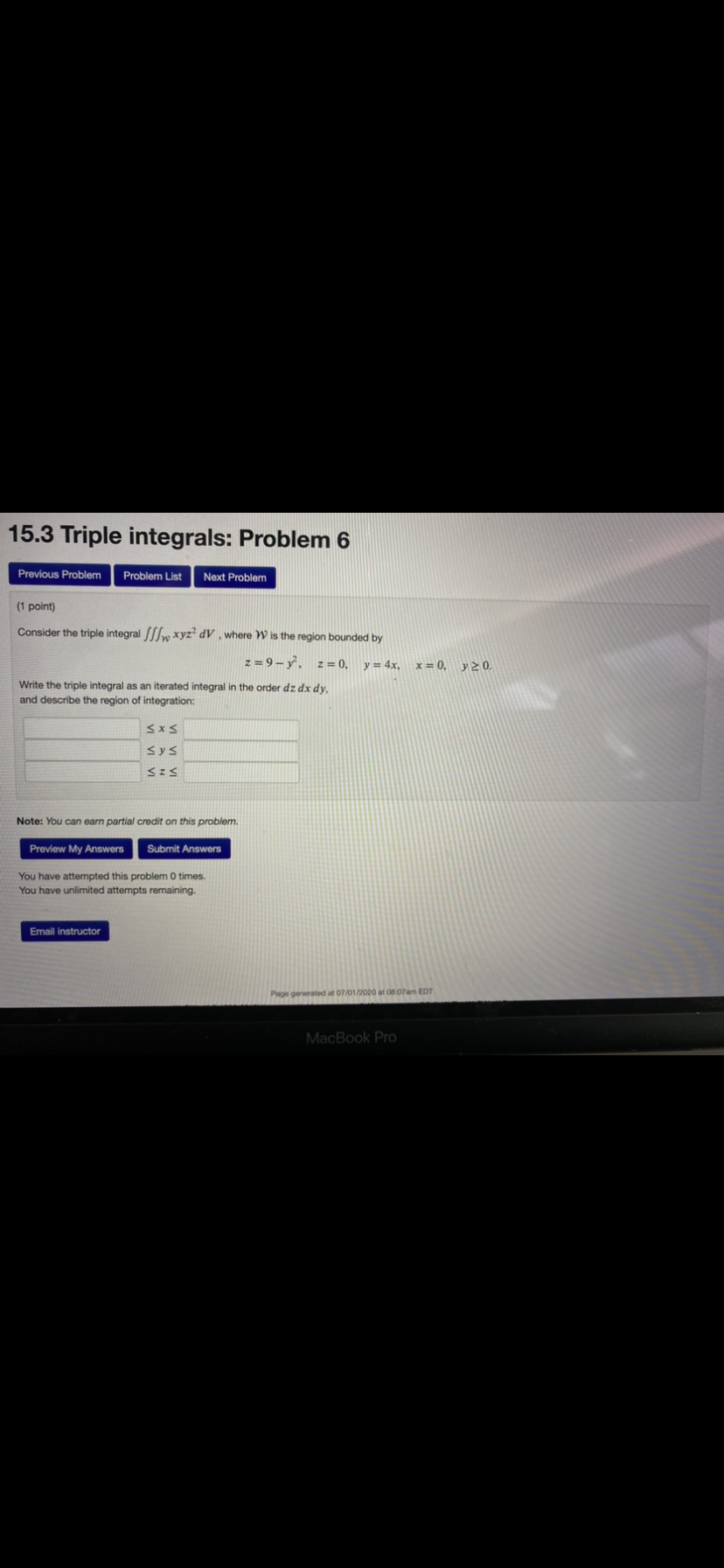 Asap please 15.3 Triple integrals: Problem 6 Previous Problem Problem List Next