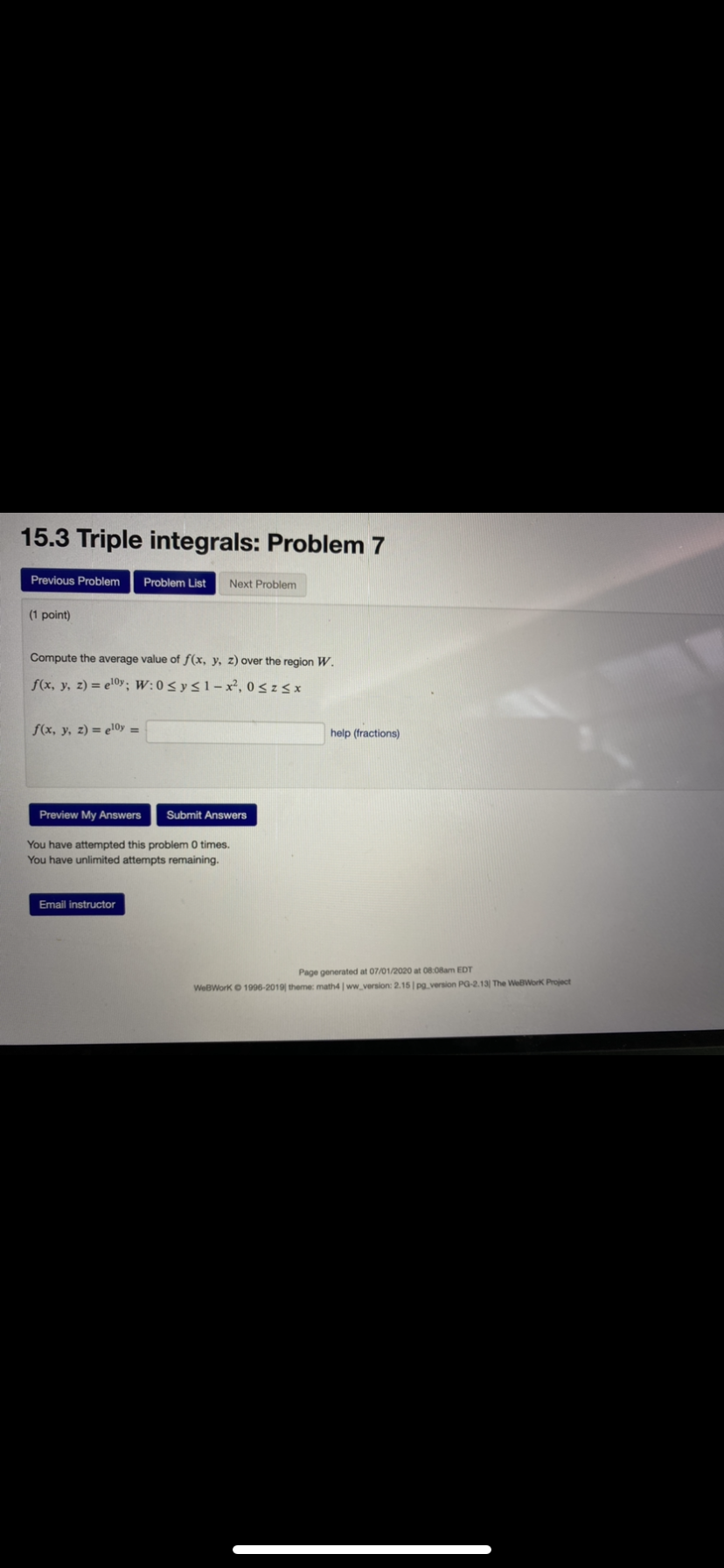 Problem (1 point) Consider the triple integral JJ/w xyz? dV , where