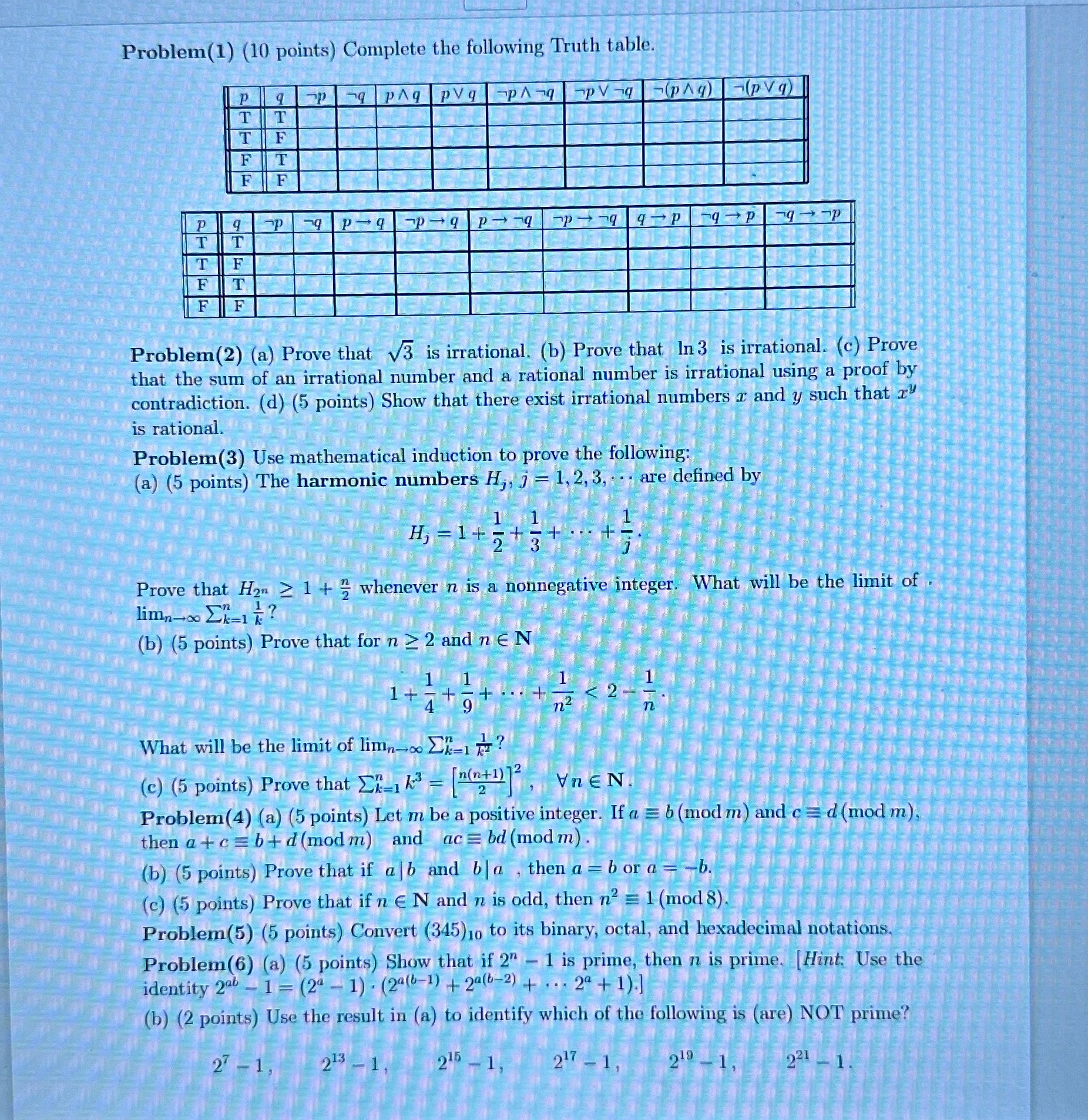 Hello I need help with this assignment please thank you Problem(1) (10