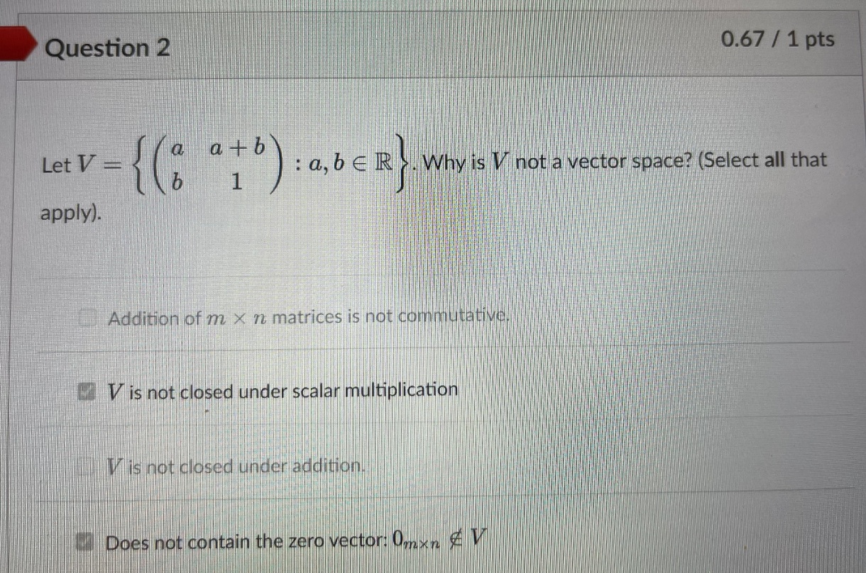  Question 2 0.67 / 1 pts Let V atb : a,