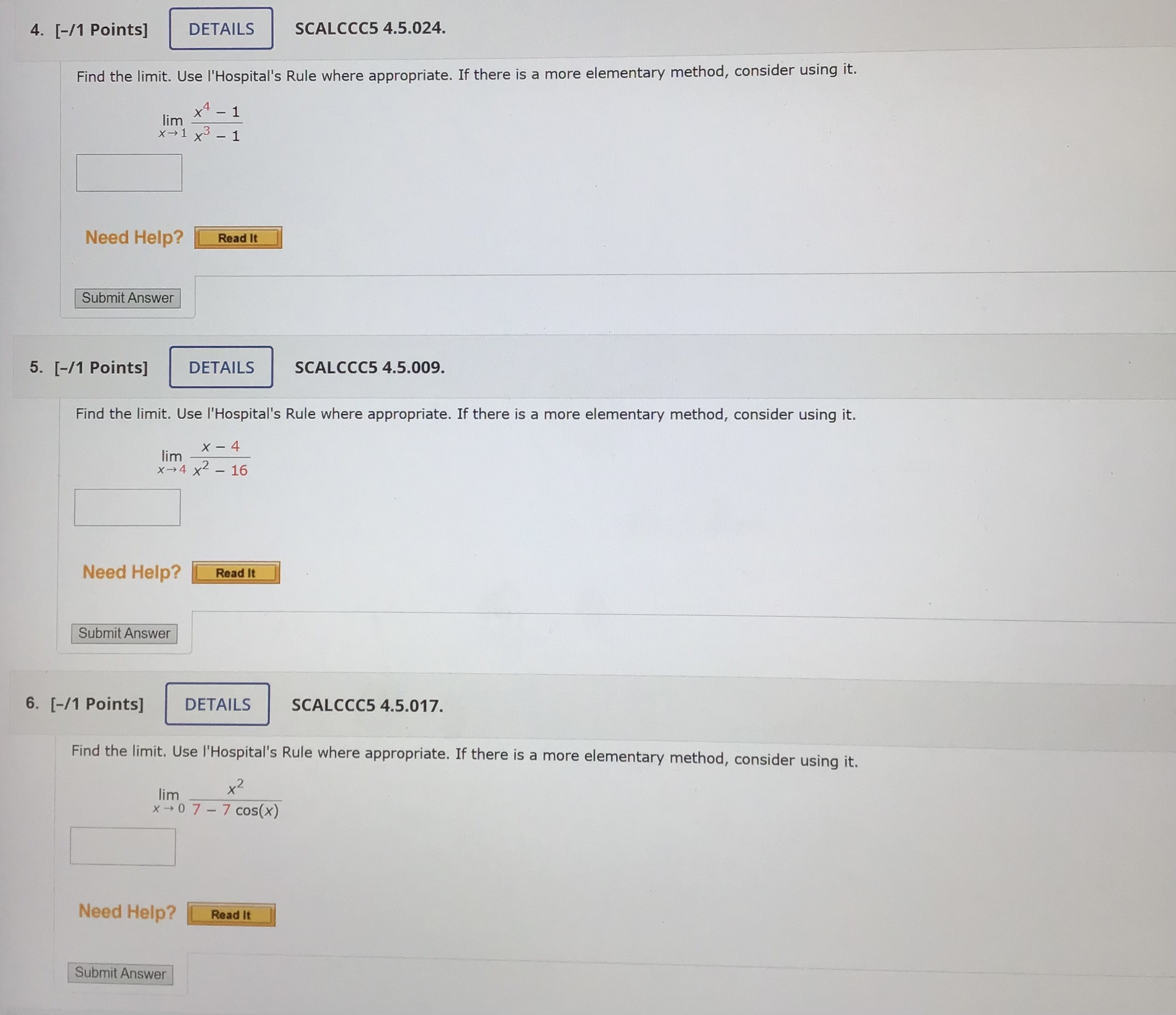 thank you! 1. [-/1 Points] DETAILS SCALCCC5 4.5.028. Find the limit. Use