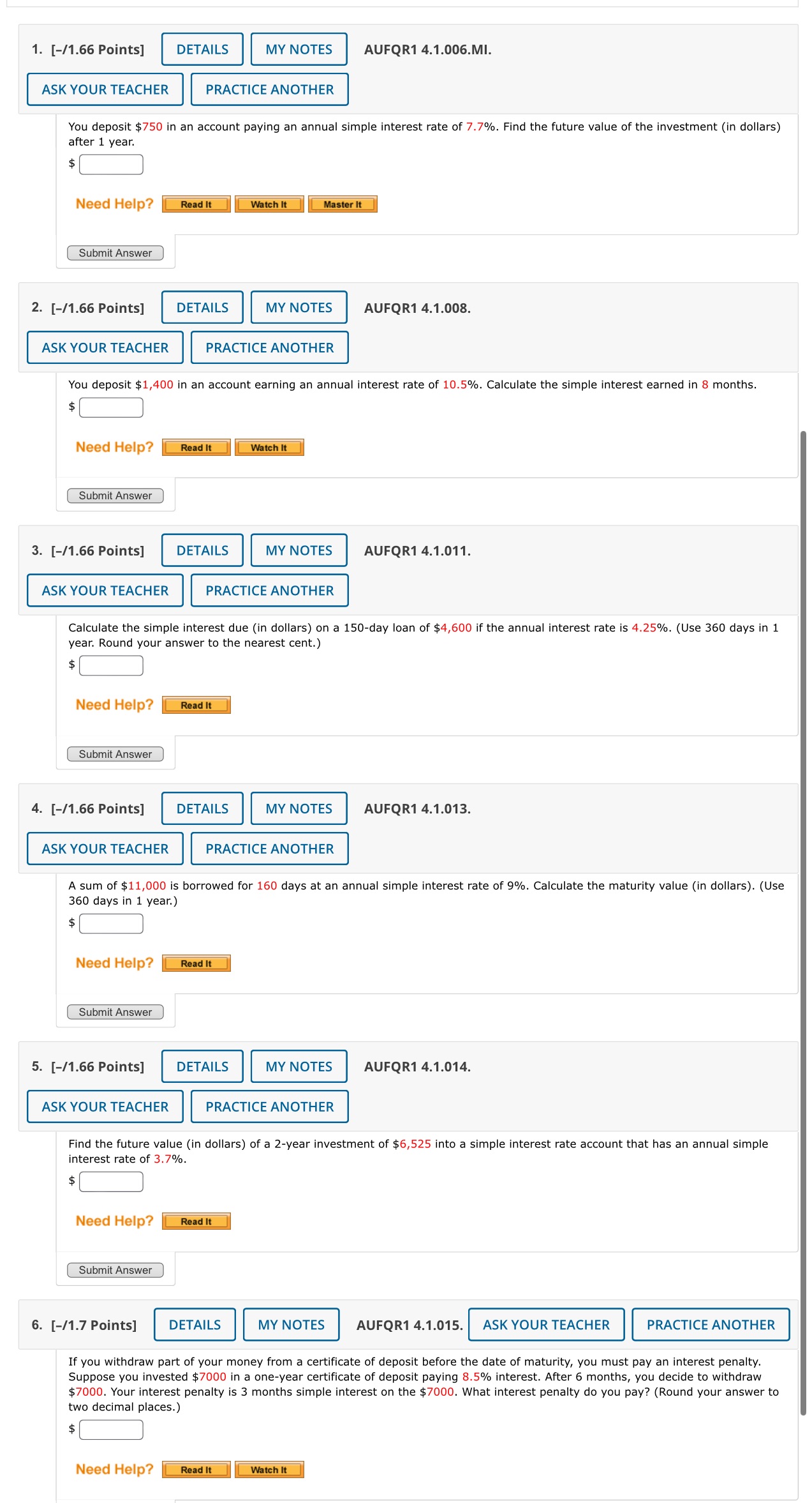Answer each question correctly 1. [-/1.66 Points] DETAILS MY NOTES AUFQR1 4.1.006.MI.