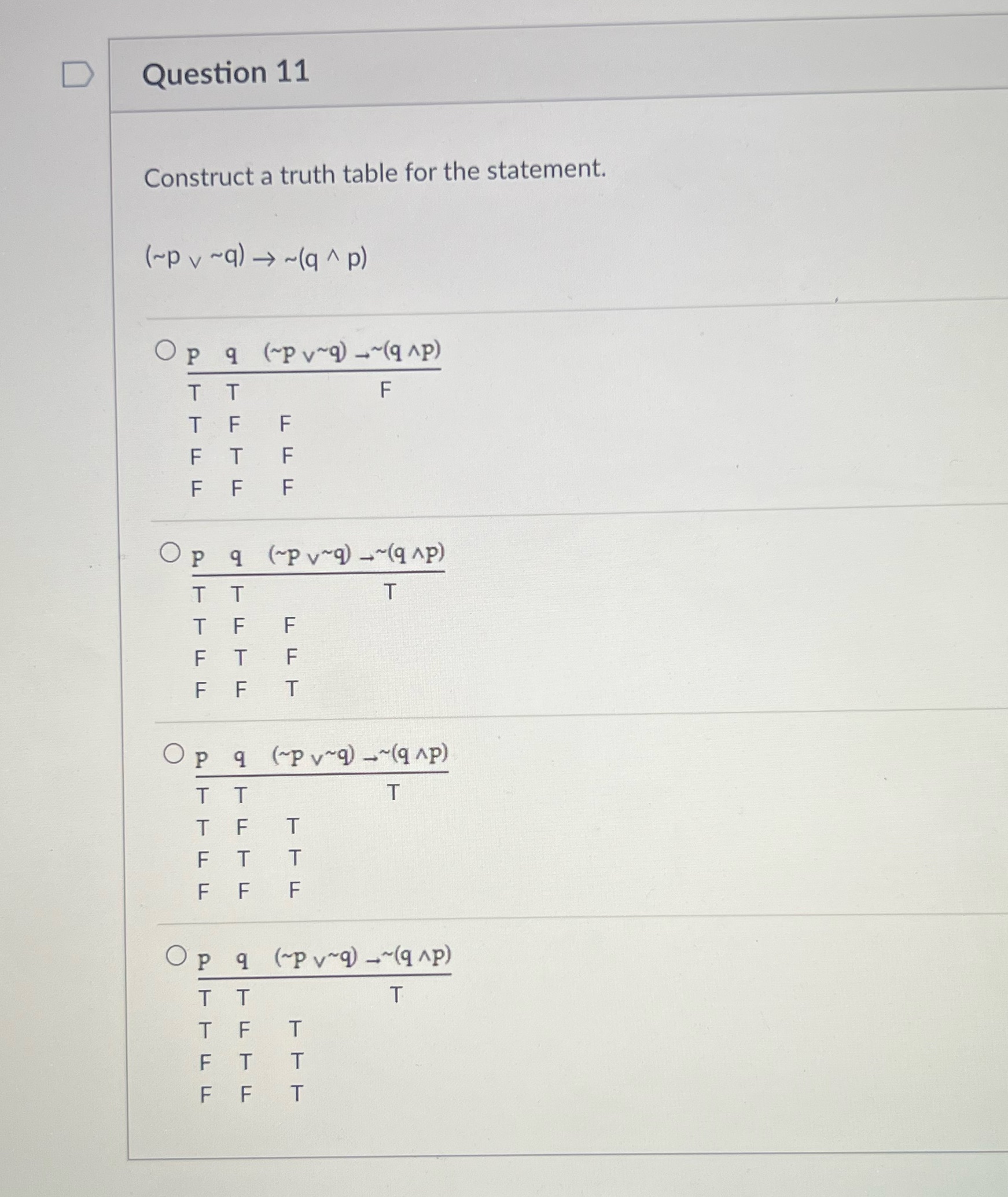  D Question 11 Construct a truth table for the statement. (~p